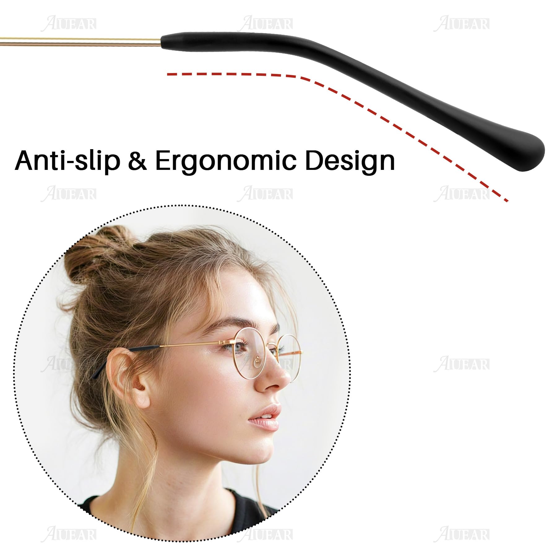 Temple tip installed on a thin metal eyeglass arm