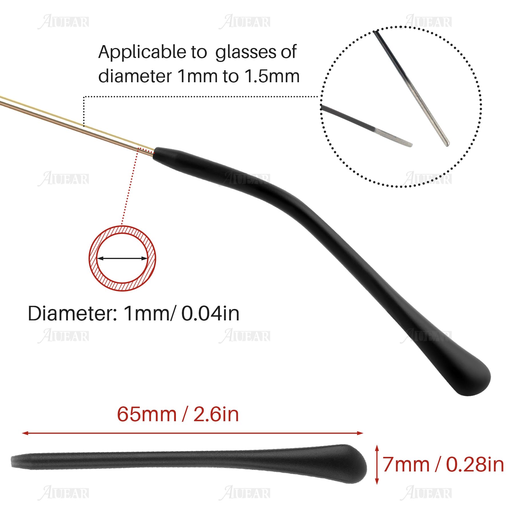 Close-up of black silicone anti-slip eyeglass end tips