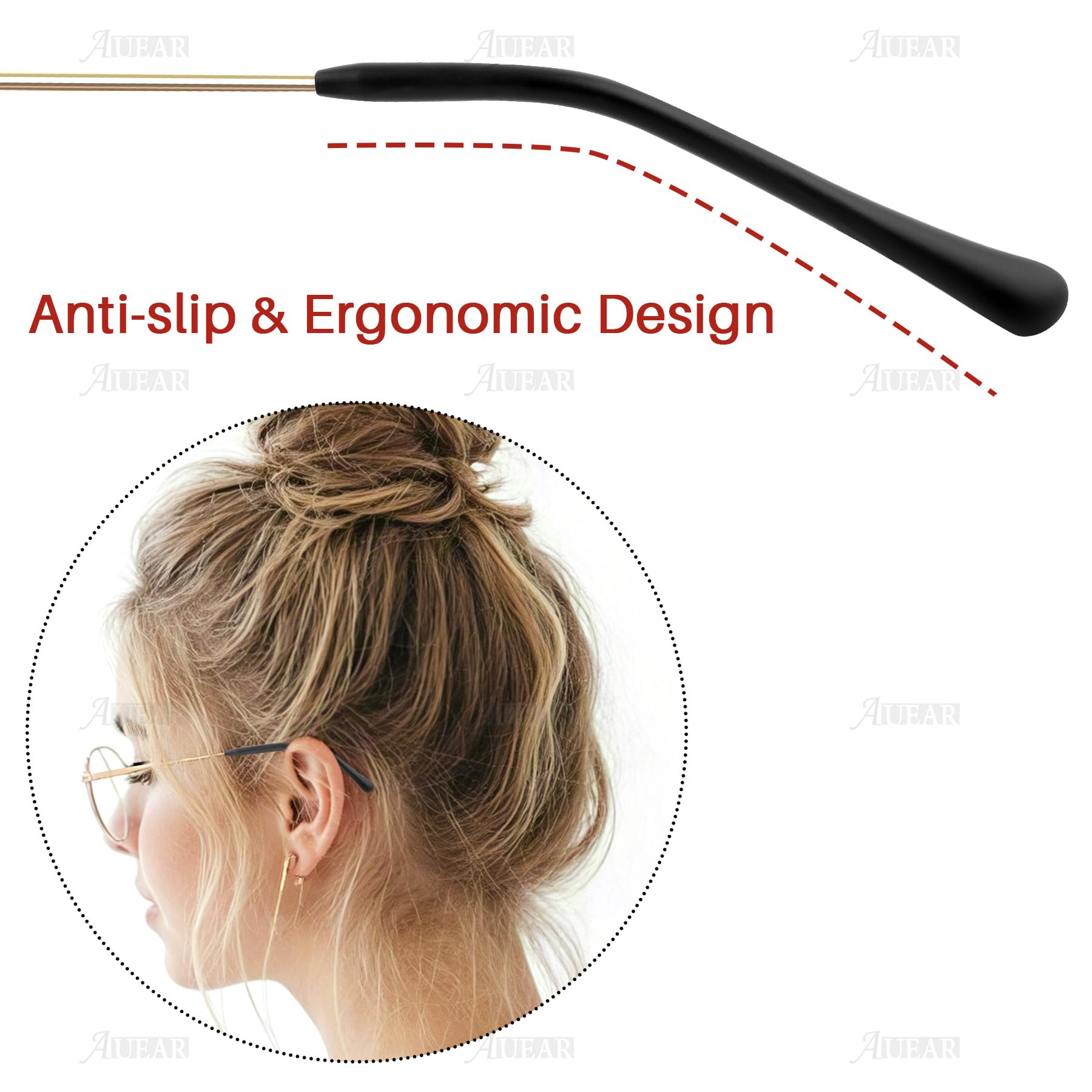 Black round-tip silicone eyeglass end tips on white background