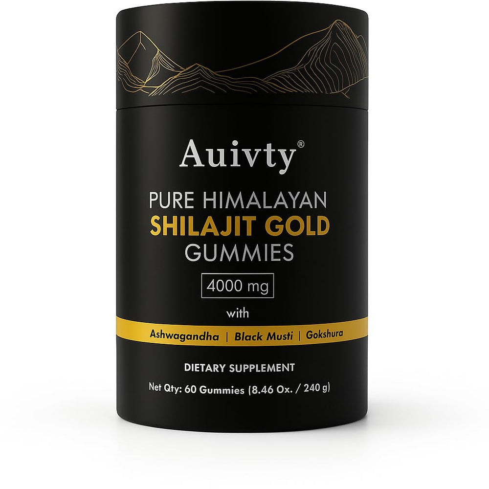 Bottle of Auivty Himalayan Shilajit Gold Gummies on white background