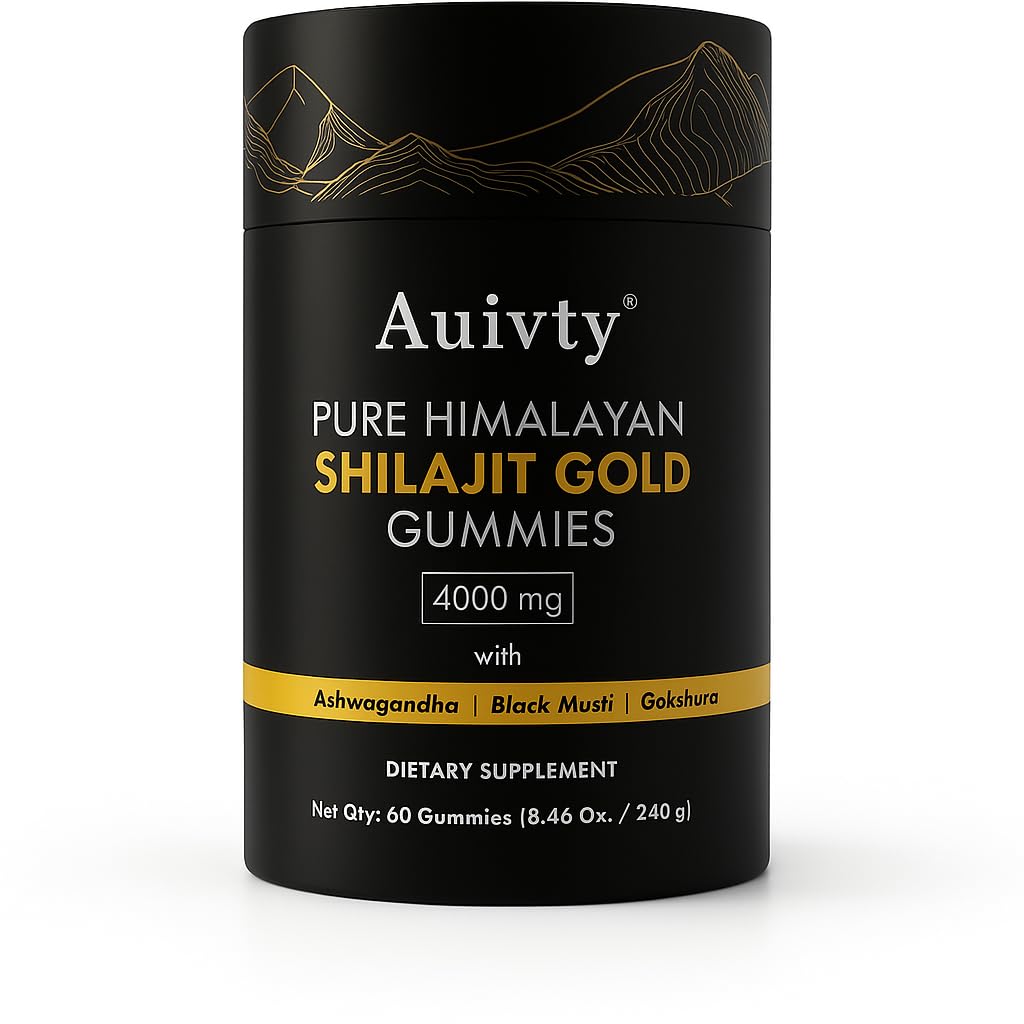 Bottle of Auivty Himalayan Shilajit Gold Gummies on white background