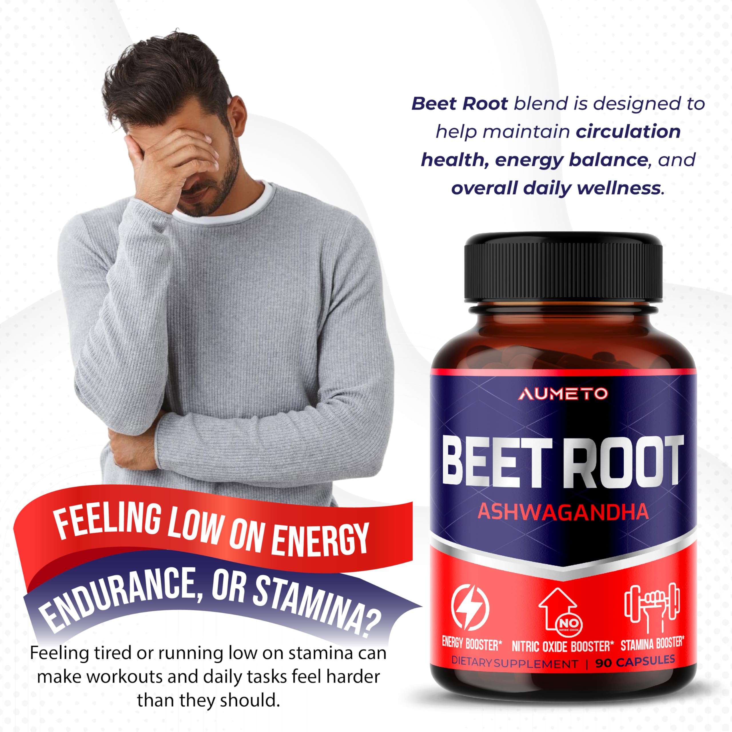 AUMETO Ashwagandha Beet Root Capsules close-up highlights endurance support.