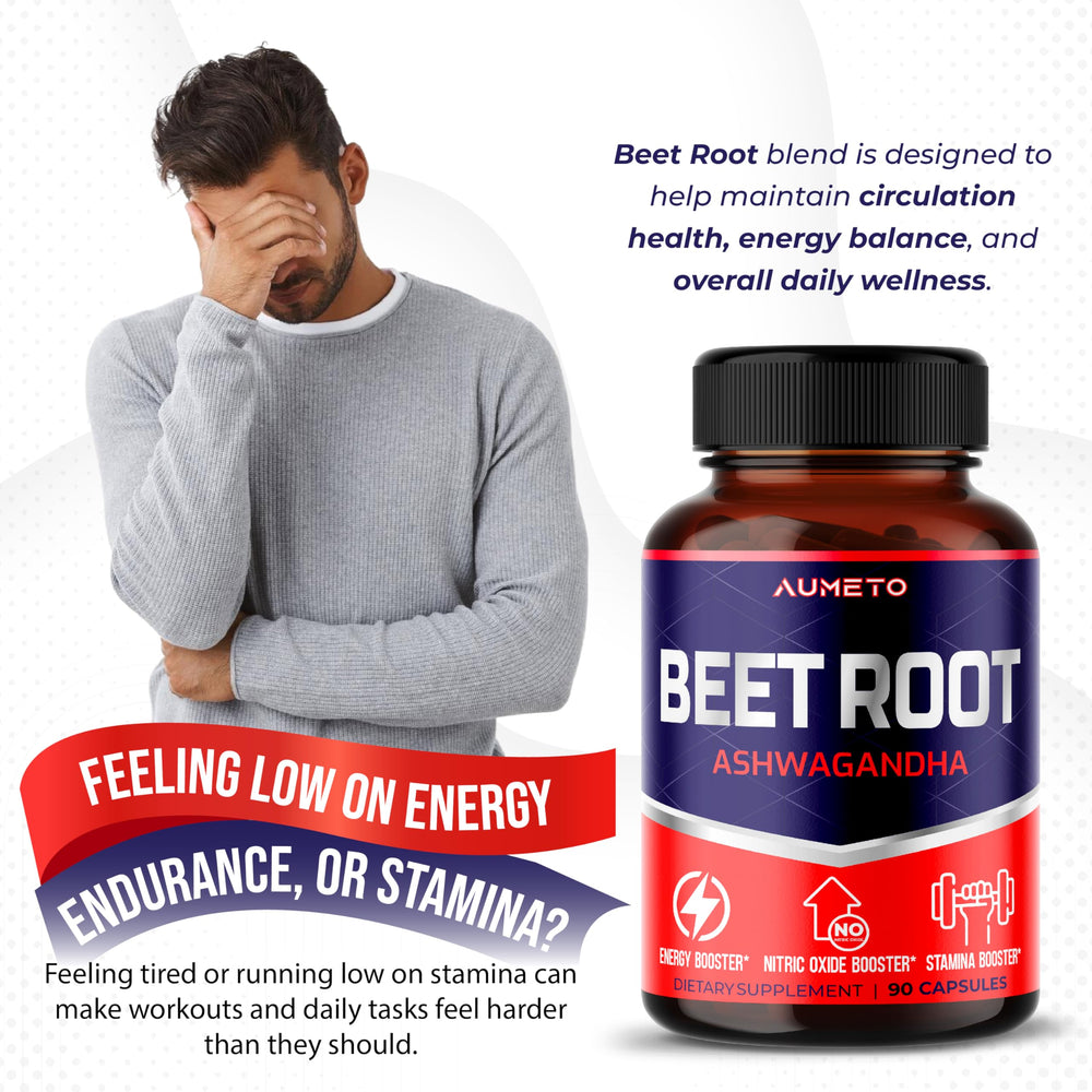 AUMETO Ashwagandha Beet Root Capsules close-up highlights endurance support.