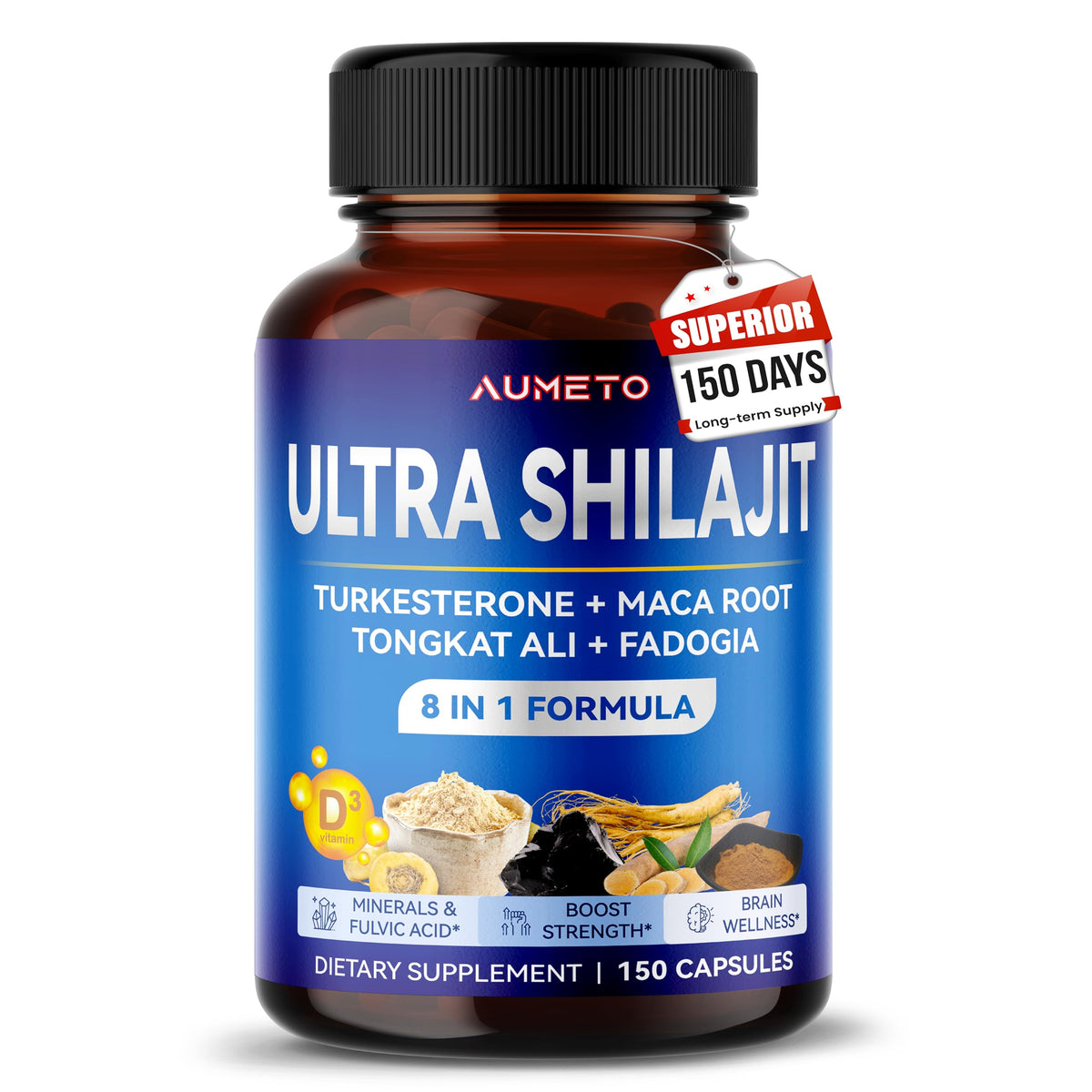 AUMETO Himalayan Shilajit supplement bottle on white background