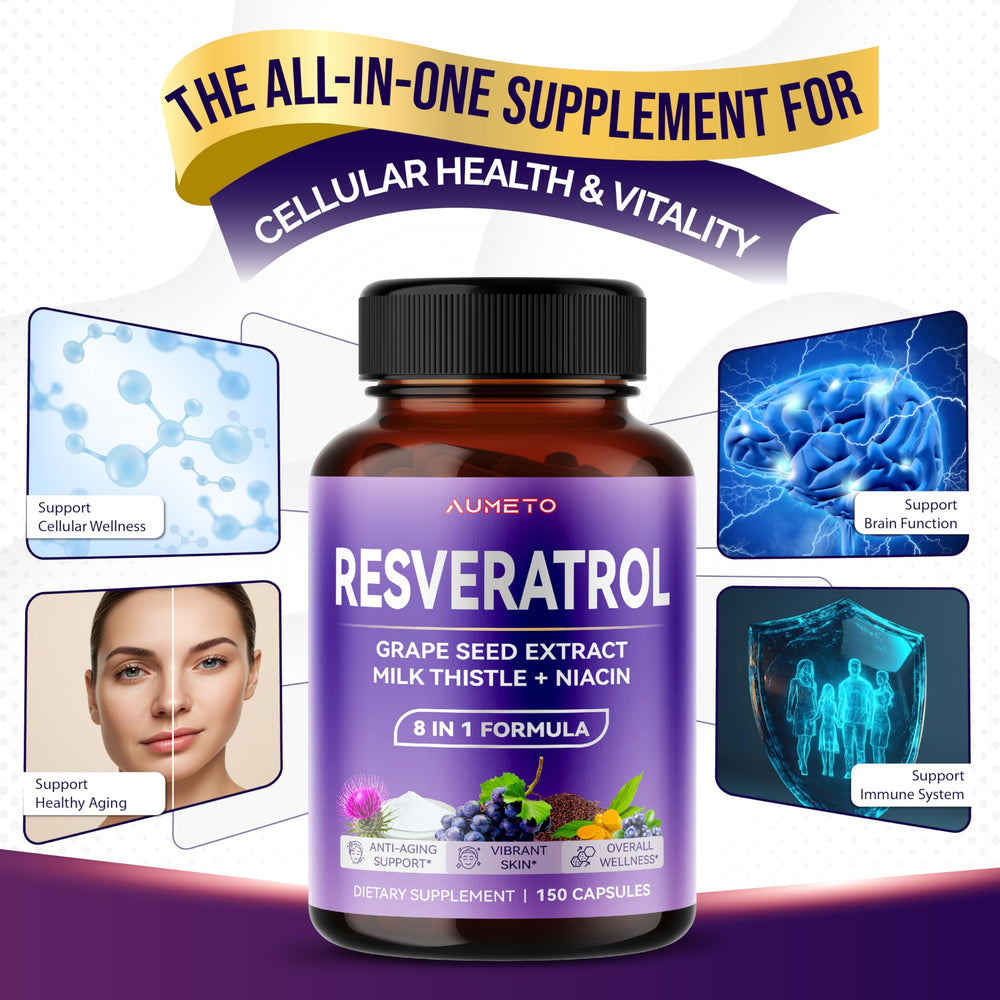 Graphic showing the 8-in-1 ingredients of AUMETO Resveratrol