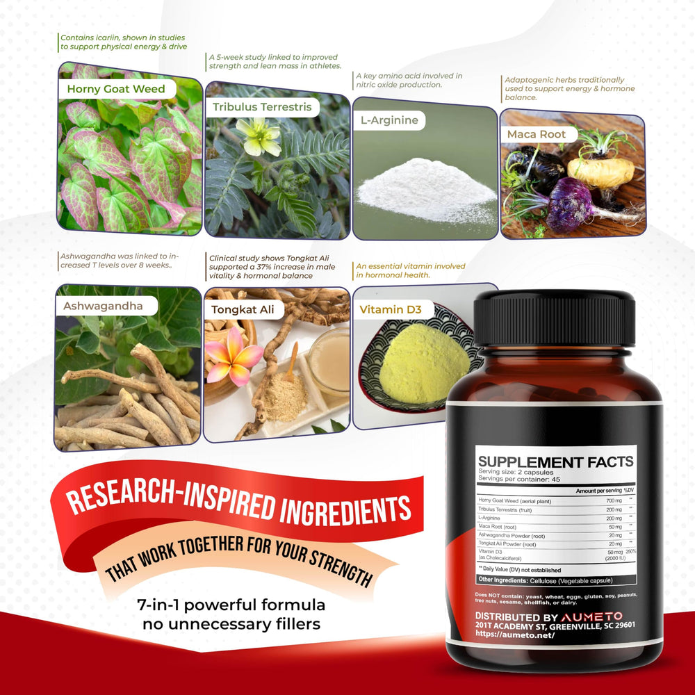 AUMETO Vitality bottle label close-up highlights Tribulus, Tongkat Ali, and D3.