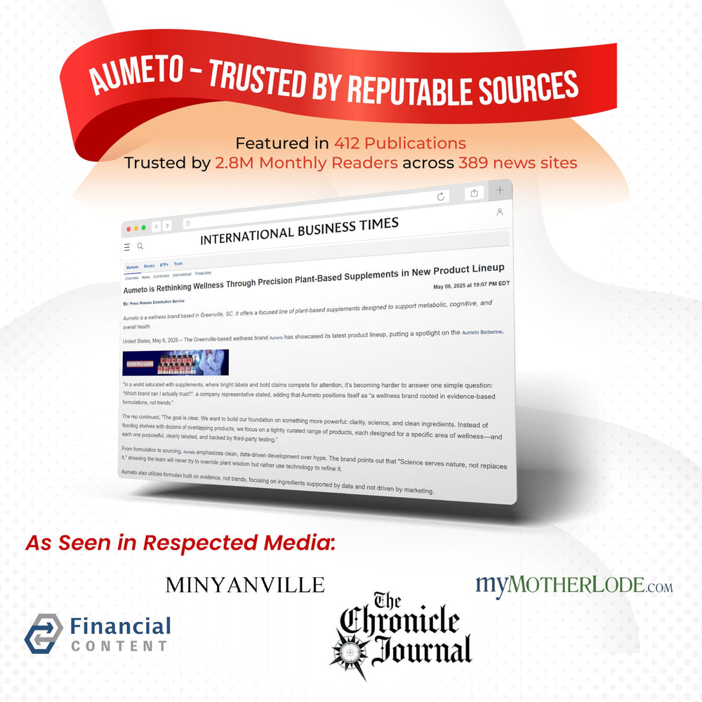 AUMETO Vitality ingredient panel outlines key herb blends for wellness.