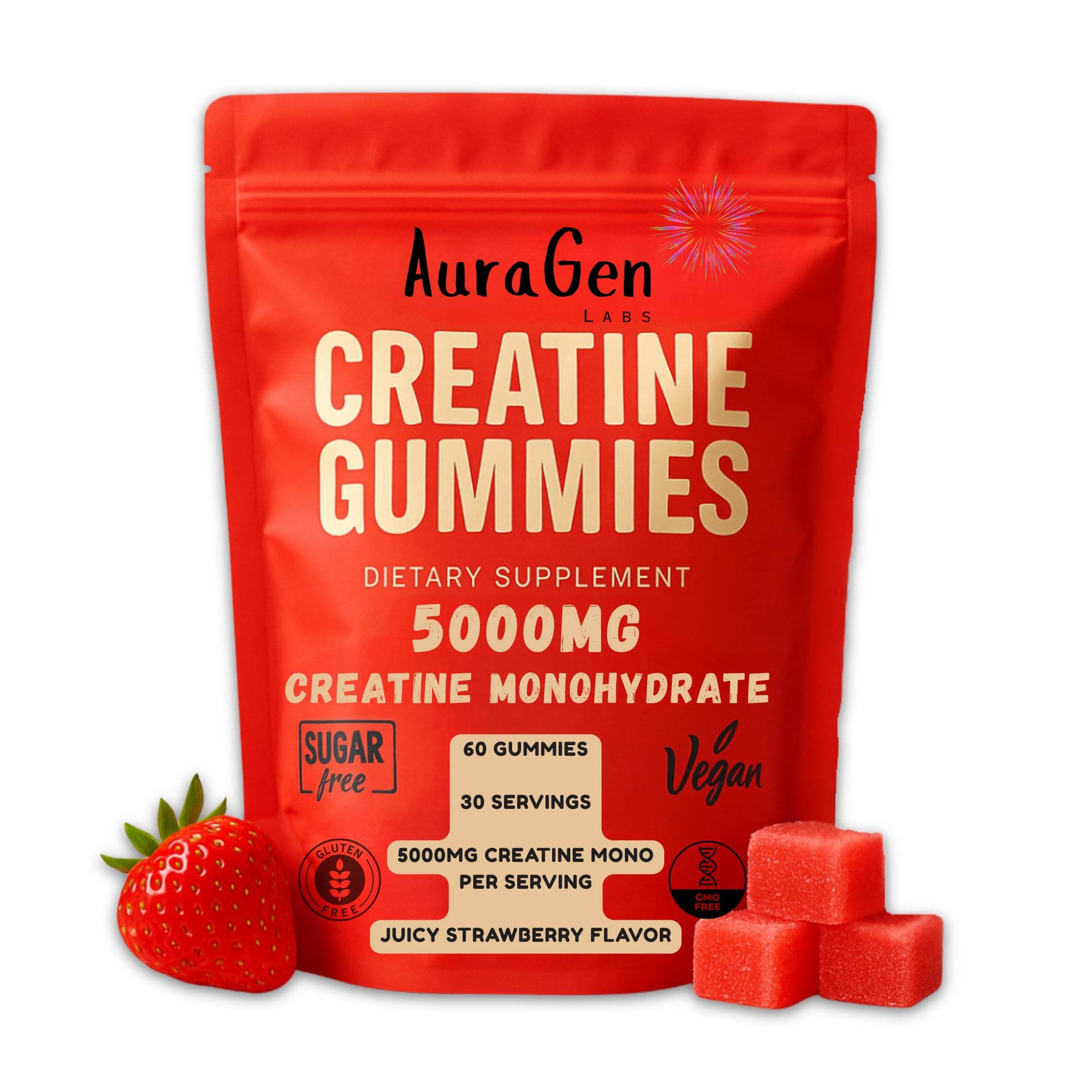 AuraGen Labs Creatine Gummies strawberry flavor pouch on white background