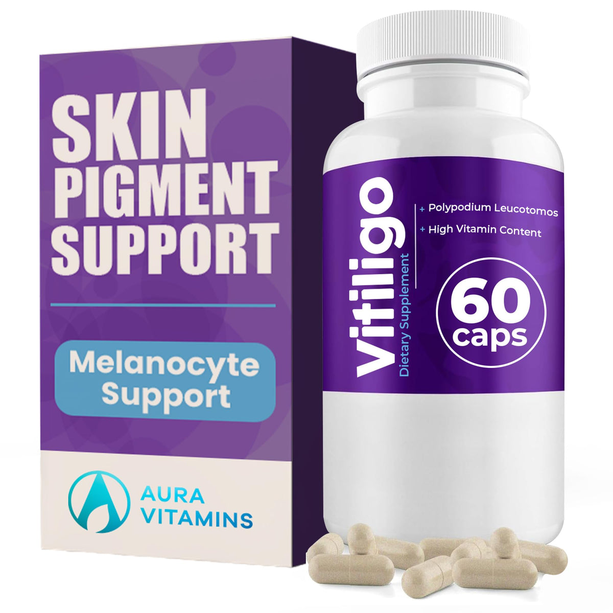 Aura Vitamins Vitiligo Capsules bottle and packaging on white background