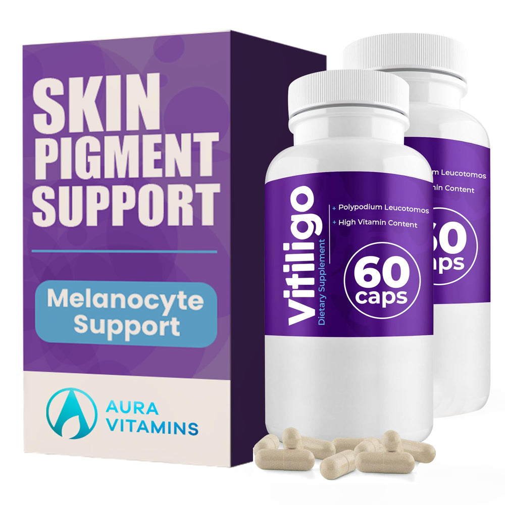 Bottle of Aura Vitamins Vitiligo Capsules with 60-count label