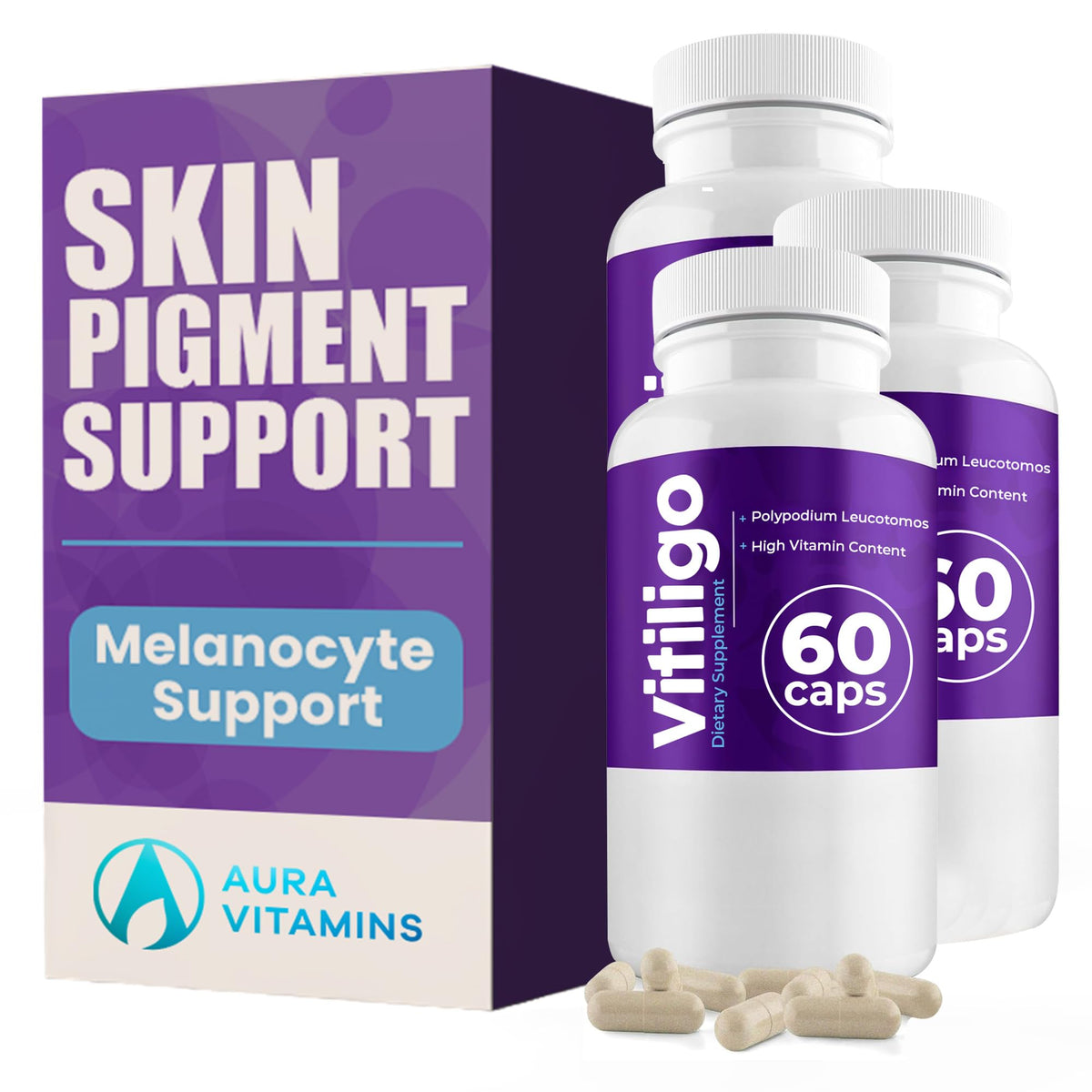 Aura Vitamins Vitiligo Capsules bottle on white background
