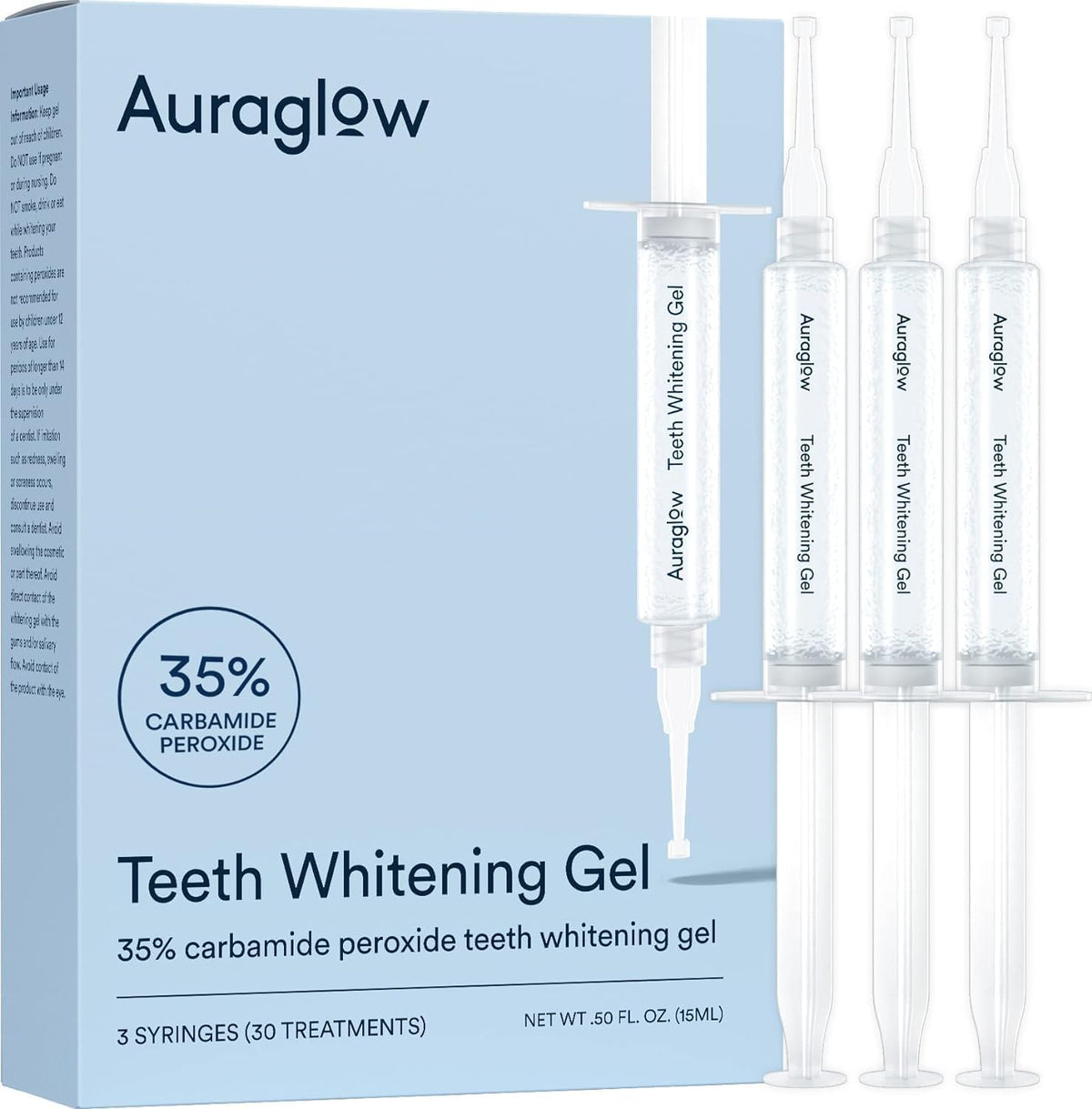 Auraglow 35% carbamide peroxide teeth whitening gel refill in three 5mL syringes