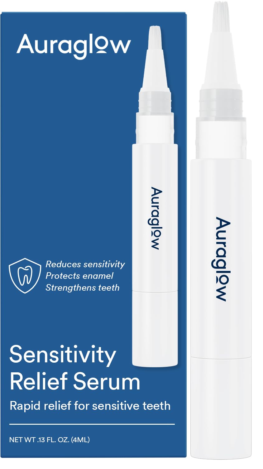 Auraglow Sensitive Teeth Relief Serum Gel pen and packaging
