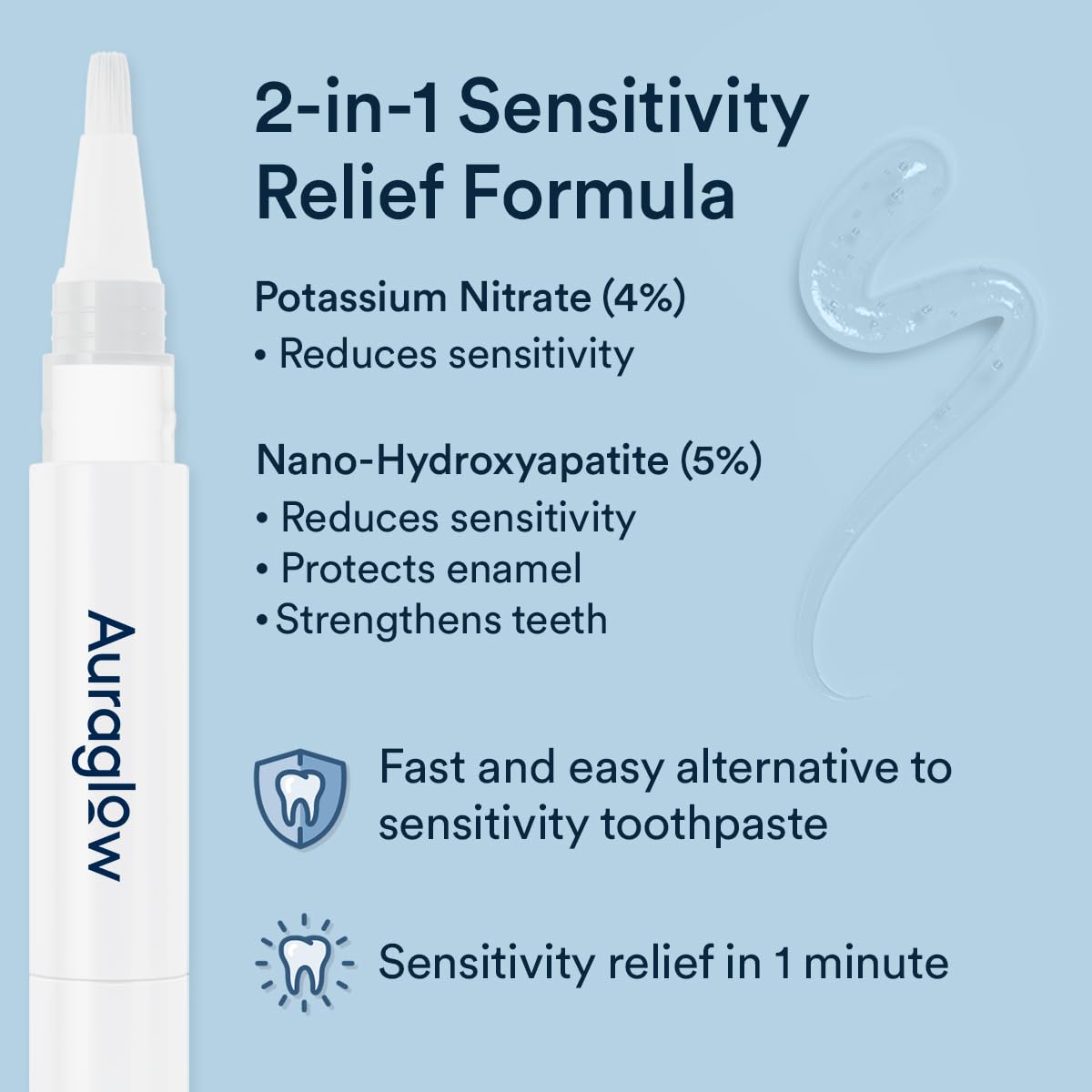 Close-up of Auraglow gel applied to a sensitive tooth with nano-hydroxyapatite emphasis