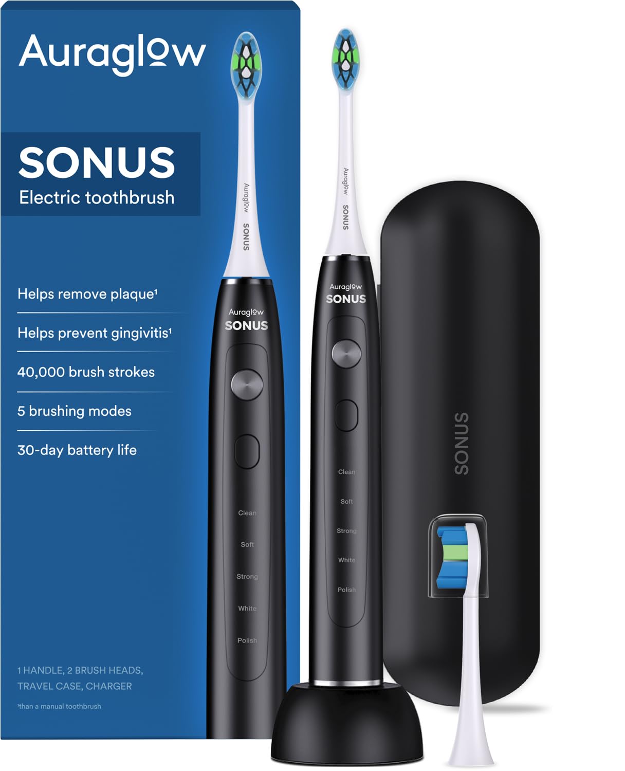 AURAGLOW Sonus electric toothbrush black handle displaying 40,000 VPM sonic power