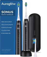 AURAGLOW Sonus electric toothbrush black handle displaying 40,000 VPM sonic power