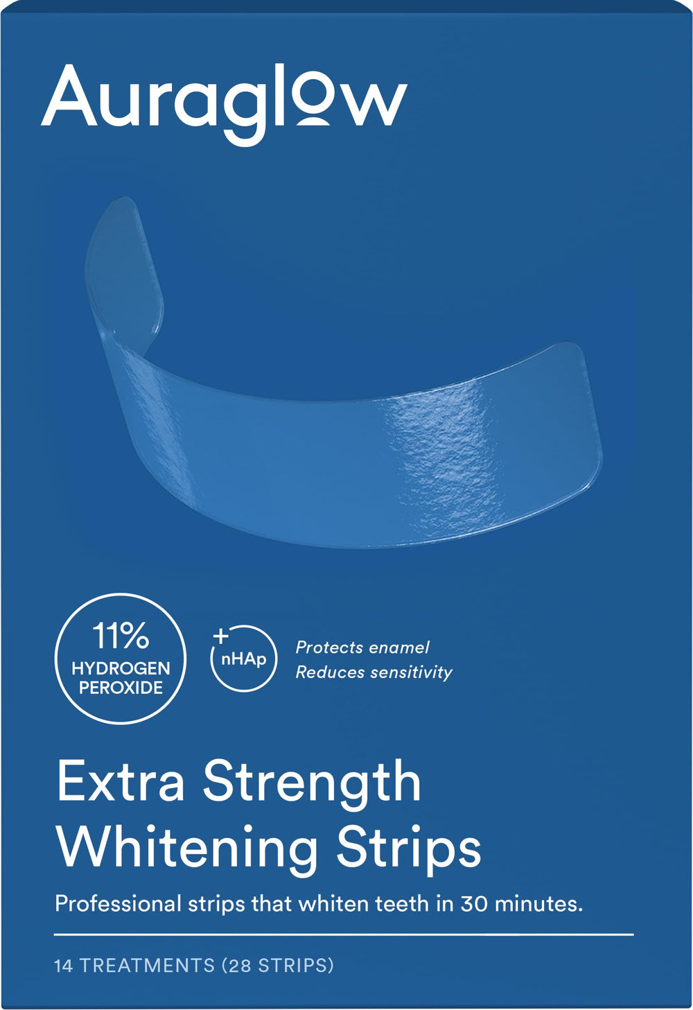 Auraglow Extra Strength Teeth Whitening Strips with 11% Hydrogen Peroxide and mint flavor