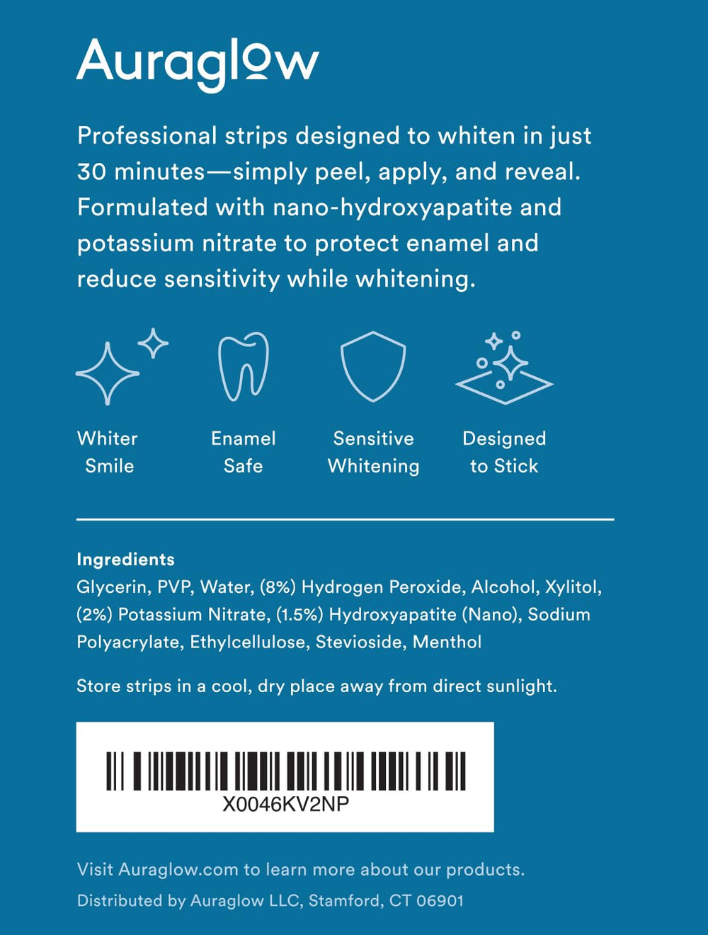 Mint flavored Auraglow whitening strips package