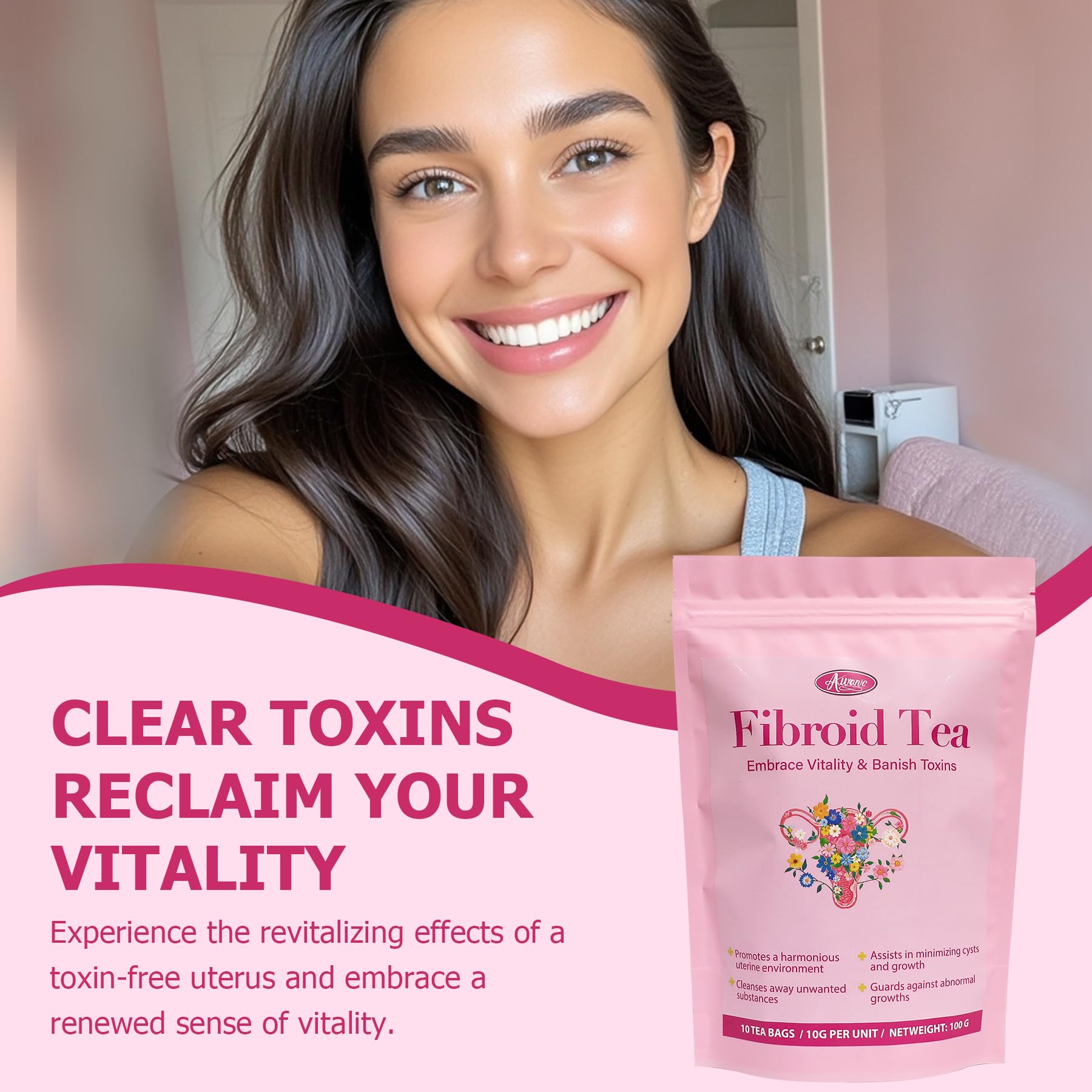 Auranic fibroid tea ingredients display botanicals for uterine health.