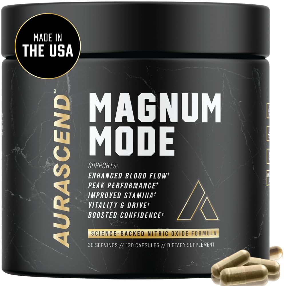 Aurascend Magnum Mode bottle front shows premium vitality support for daily workouts.