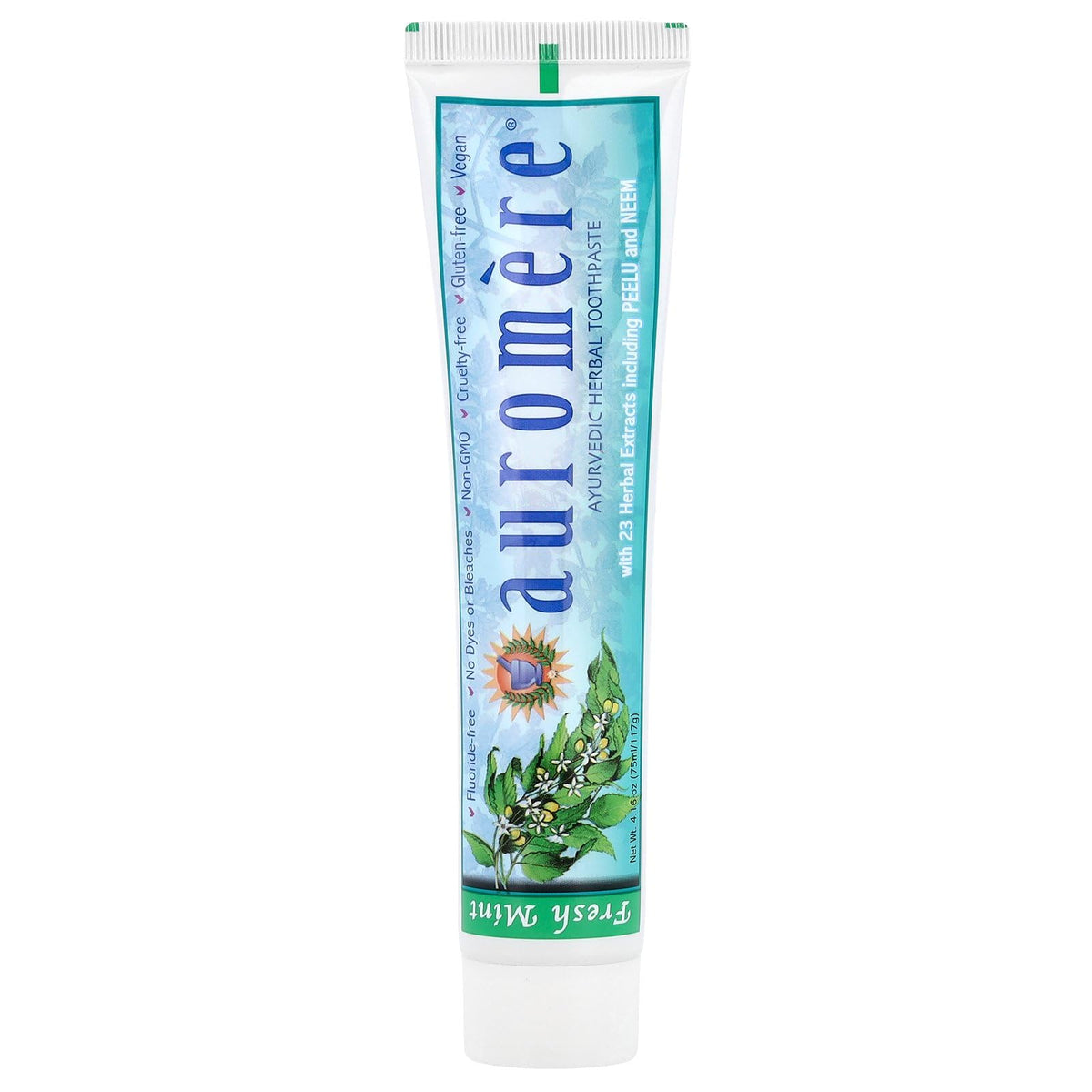 Auromere Freshmint Herbal Toothpaste tube with mint leaves