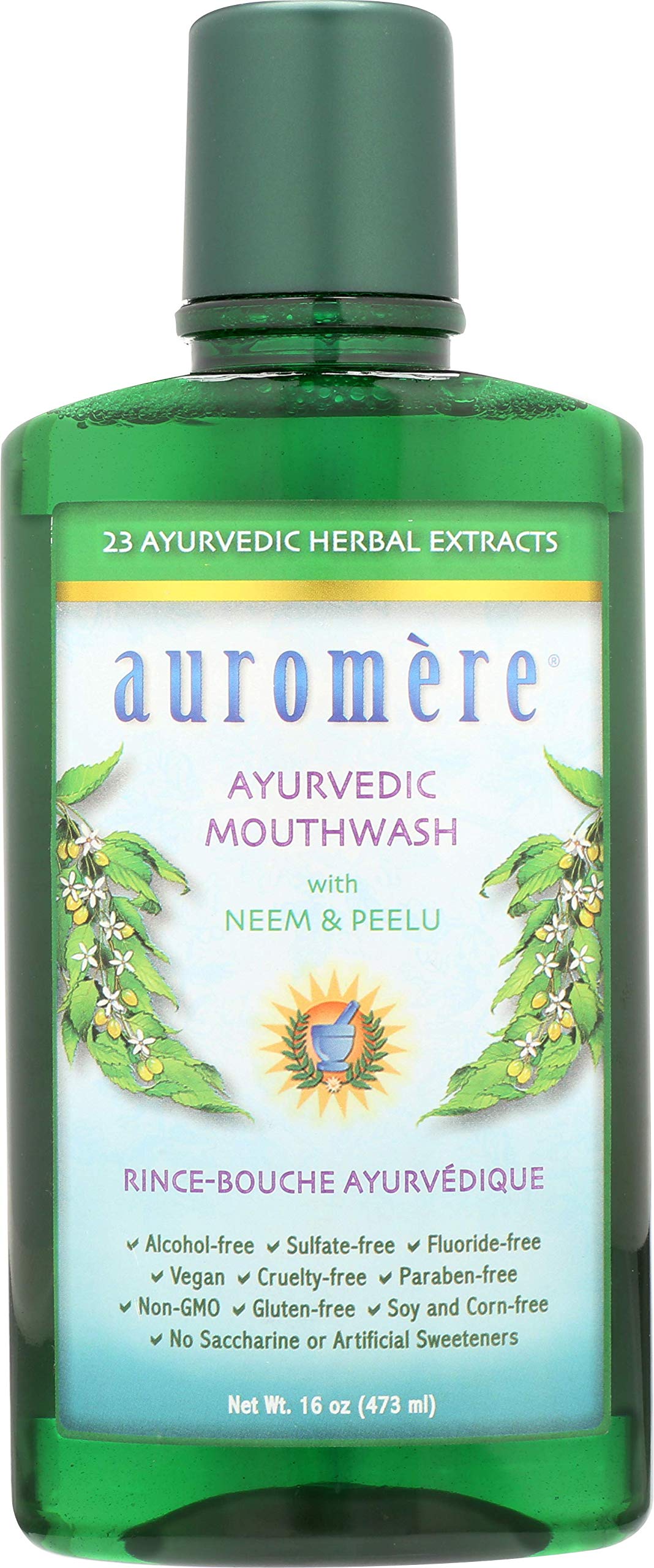 Auromere Ayurvedic Mouthwash bottle front view, 16 oz