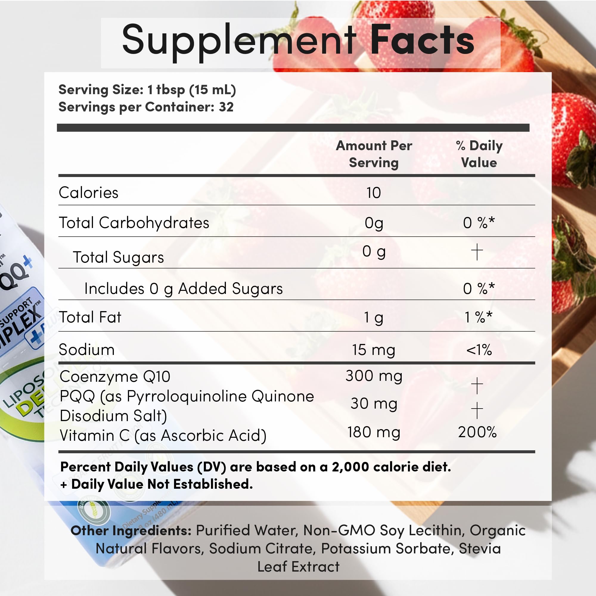 Product label showing gluten-free, non-GMO, sugar-free and strawberry flavor