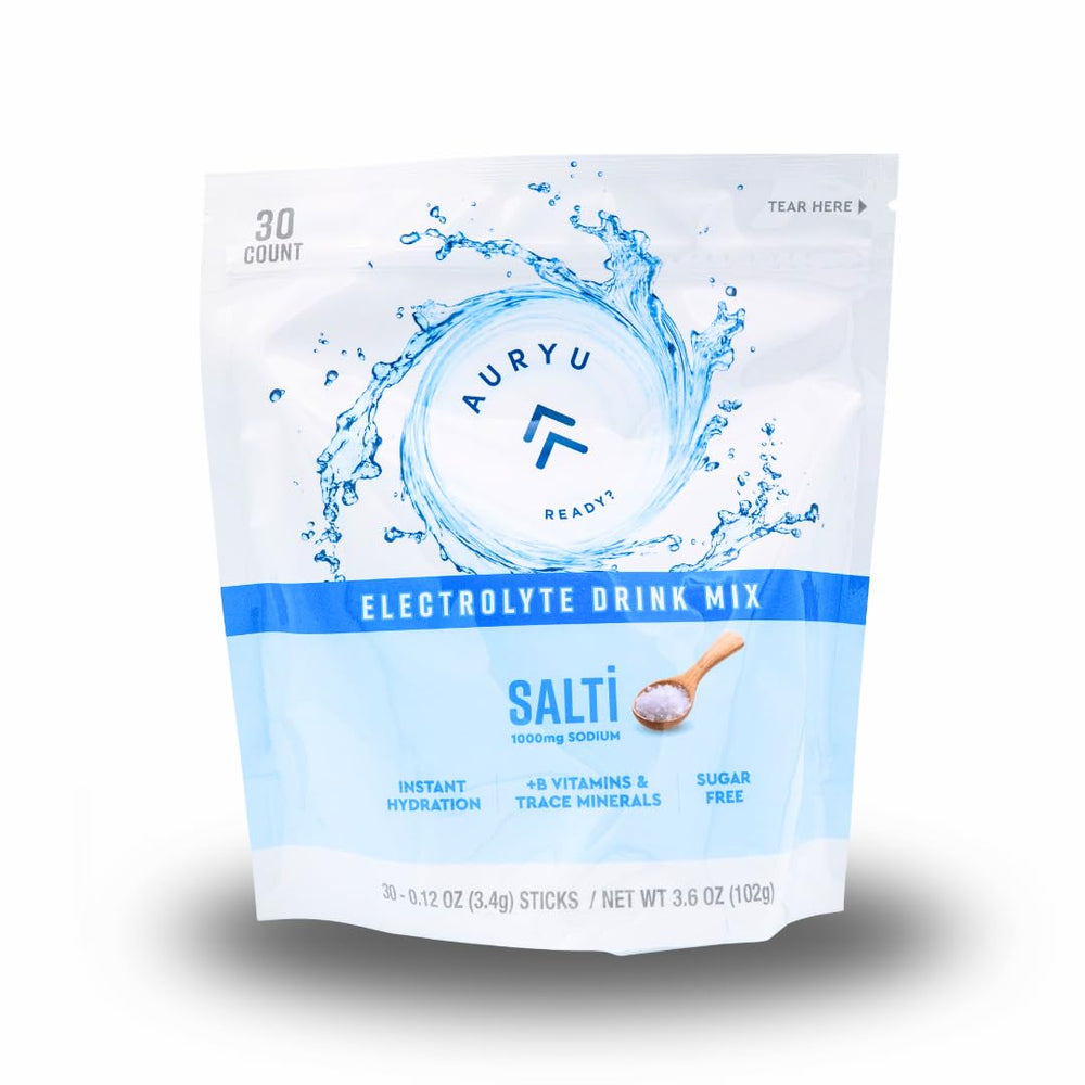 Auryu Electrolyte Mix bottle pour signals quick hydration and energy on the go.