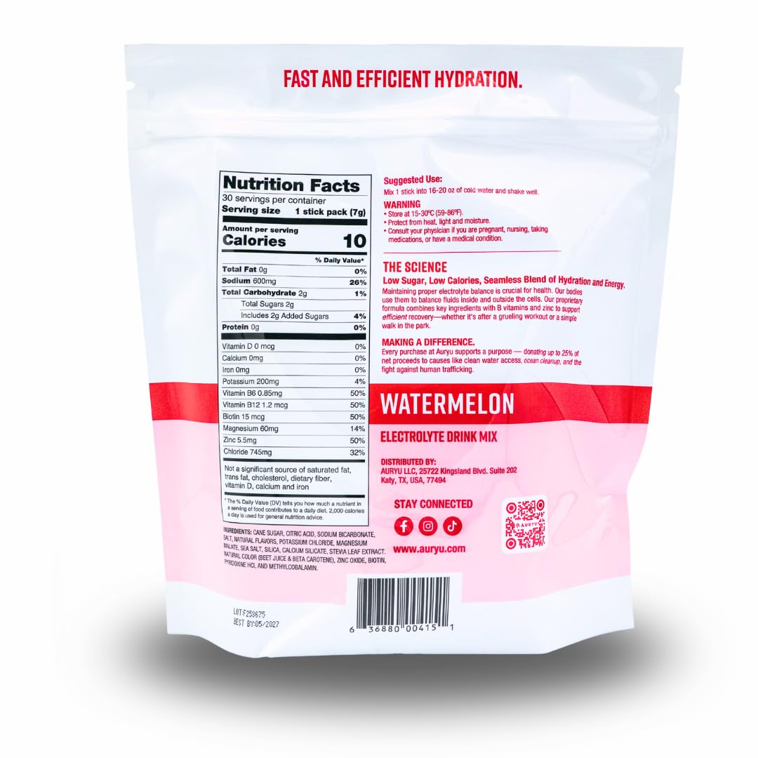 Auryu Electrolyte Mix Watermelon scoop close-up highlighting balanced minerals.