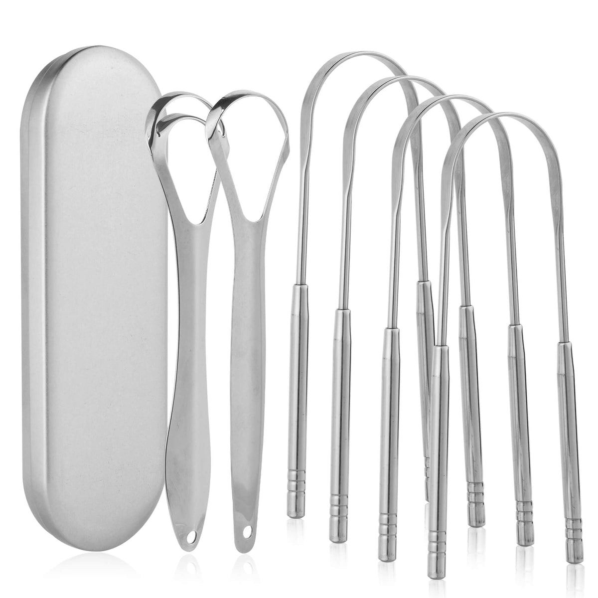 Six Aussumy tongue scrapers with travel case arranged together