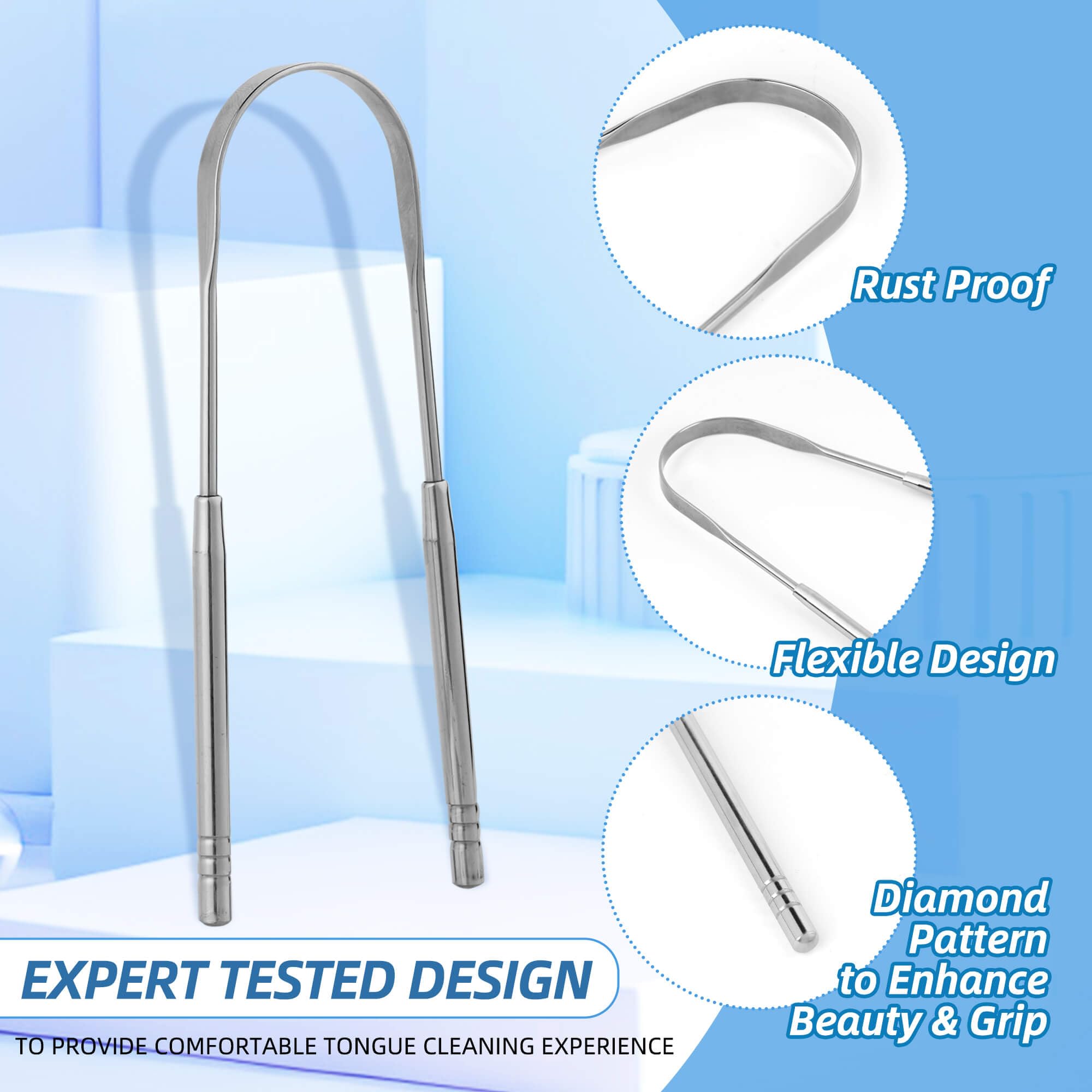 Close-up of Aussumy tongue scraper made from medical-grade stainless steel