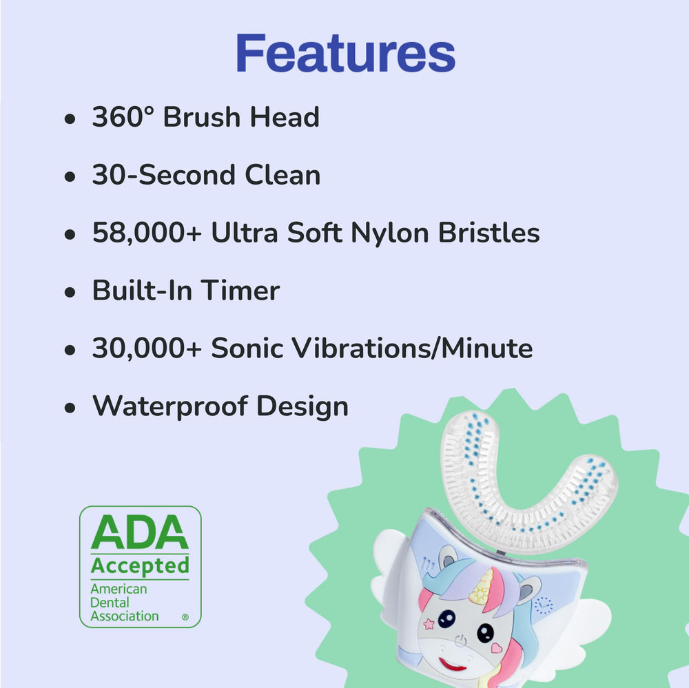 Side view of autobrush Kids Unicorn U-shaped toothbrush