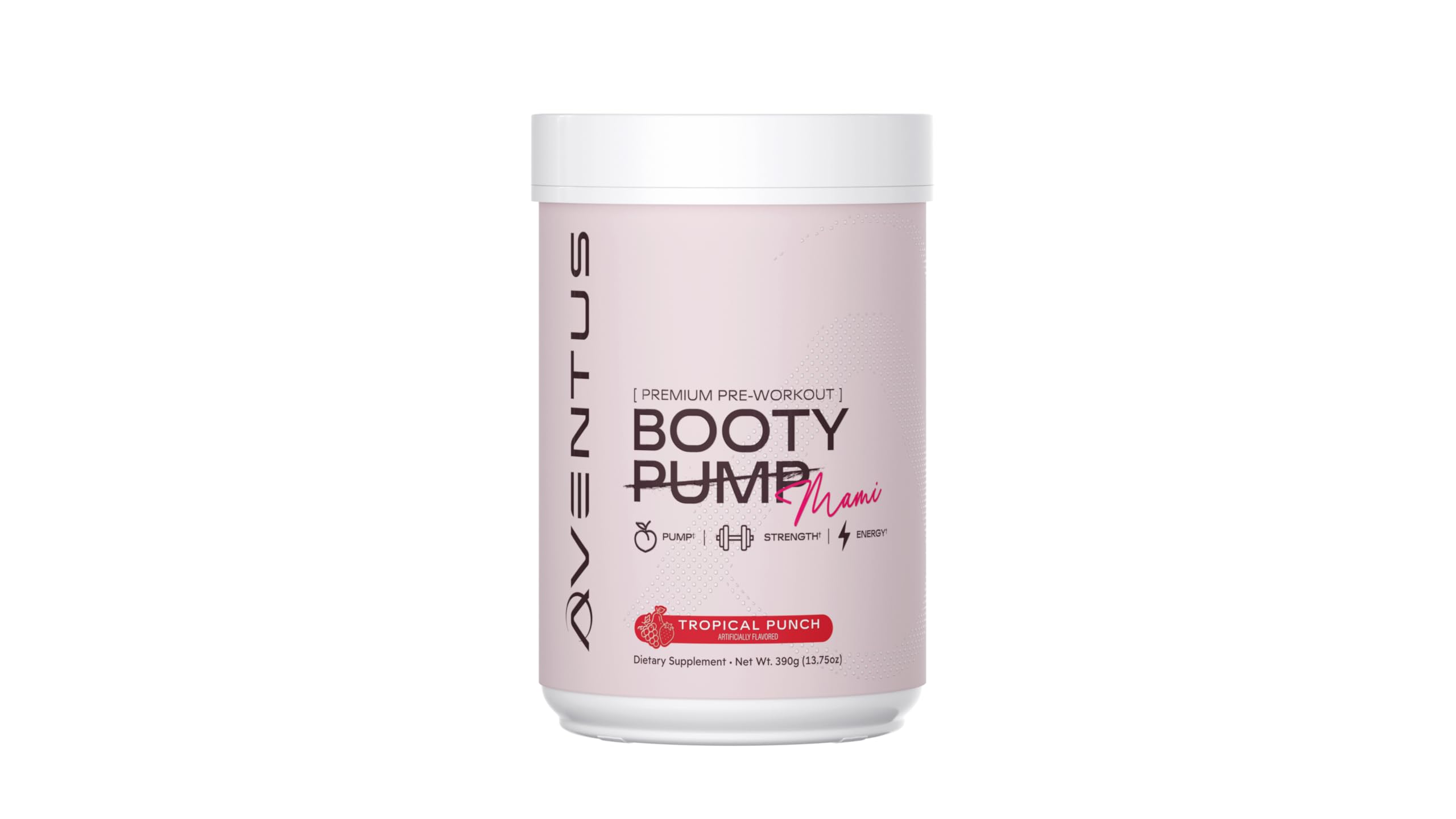 Aventus Booty Pump tub front label with Tropical Punch flavor for energized workouts.