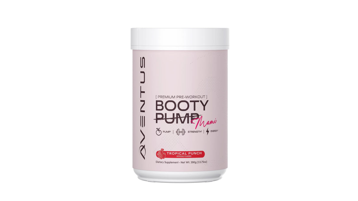 Aventus Booty Pump tub front label with Tropical Punch flavor for energized workouts.