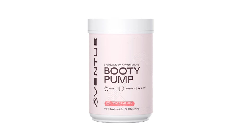 Aventus Booty Pump tub front highlights premium pre-workout for focused energy and muscle pump.