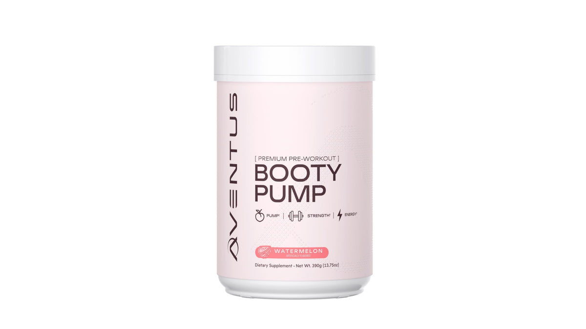 Aventus Booty Pump tub front highlights premium pre-workout for focused energy and muscle pump.