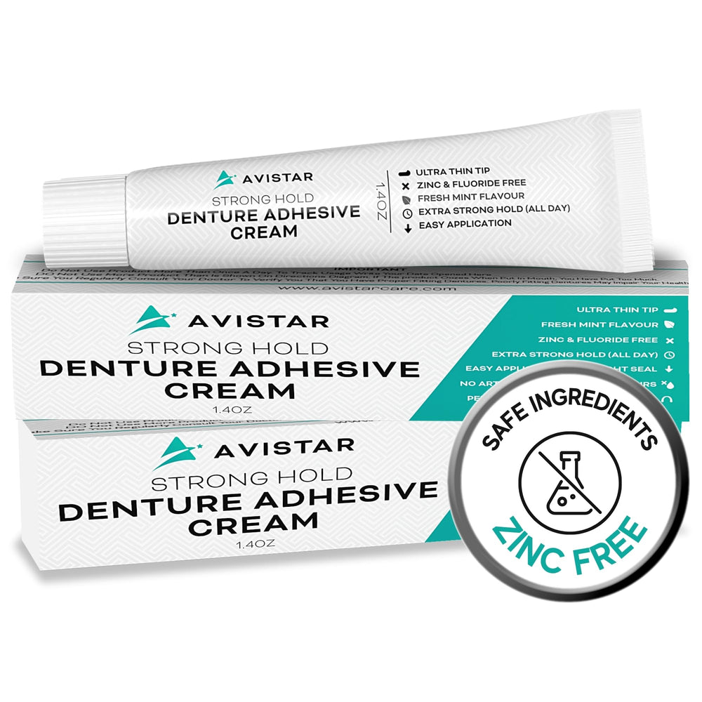 Avistar denture adhesive two-pack packaging with 2.8 fl oz tubes