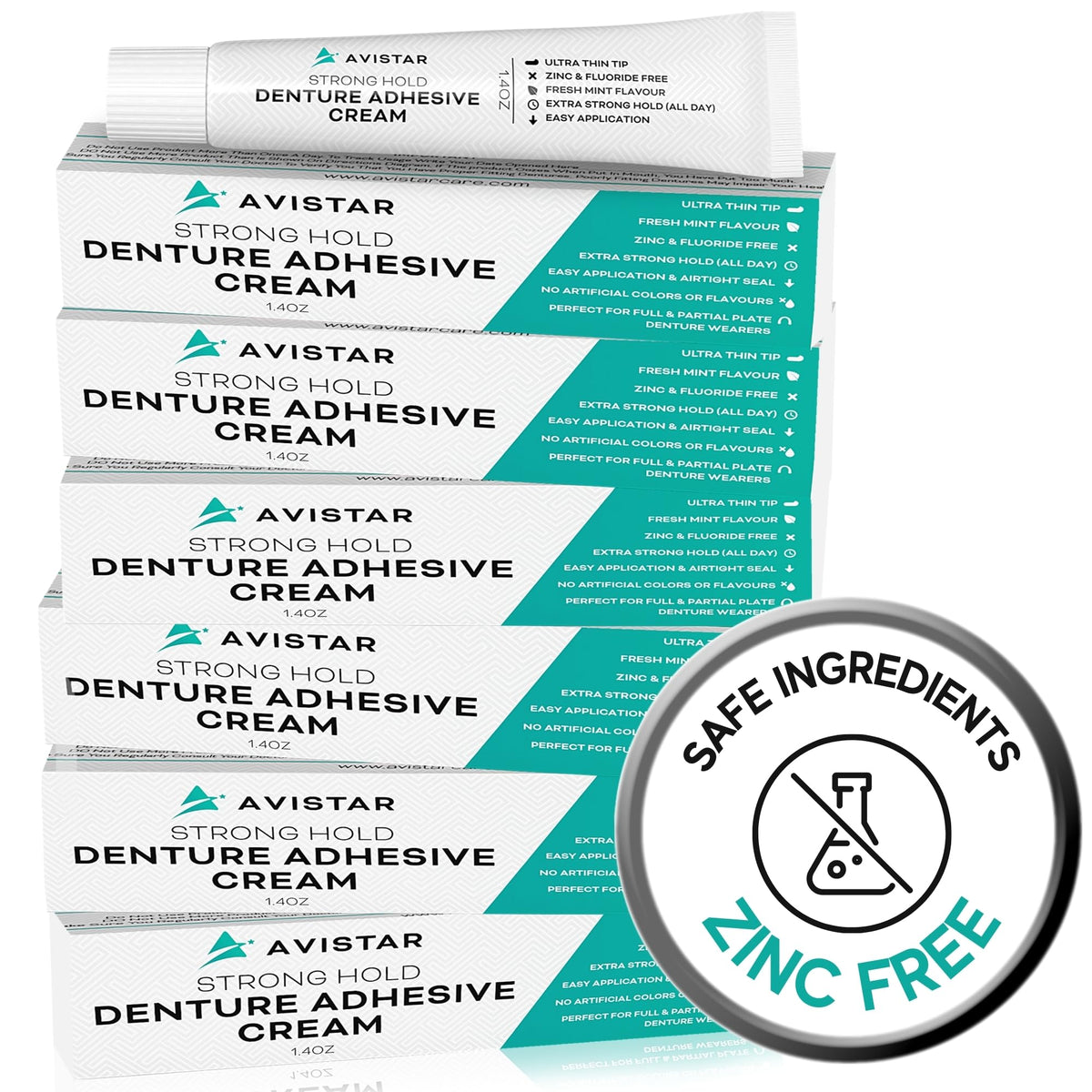 Avistar denture adhesive six pack packaging