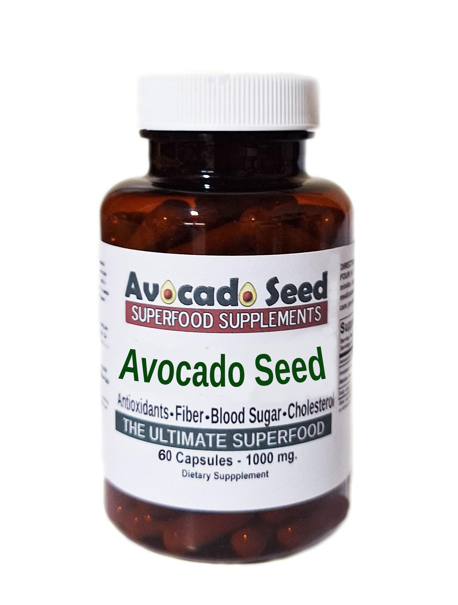 Lifestyle image featuring avocado seed powder capsules and healthy foods