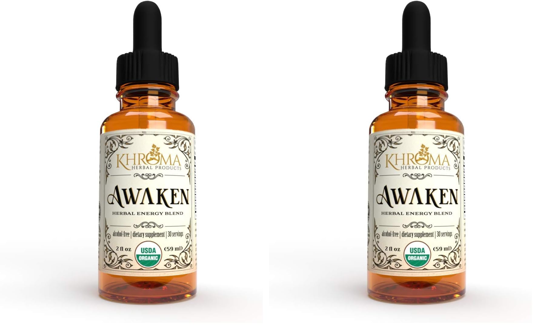 Front label view of Awaken 2 oz glass bottle by Khroma Herbs