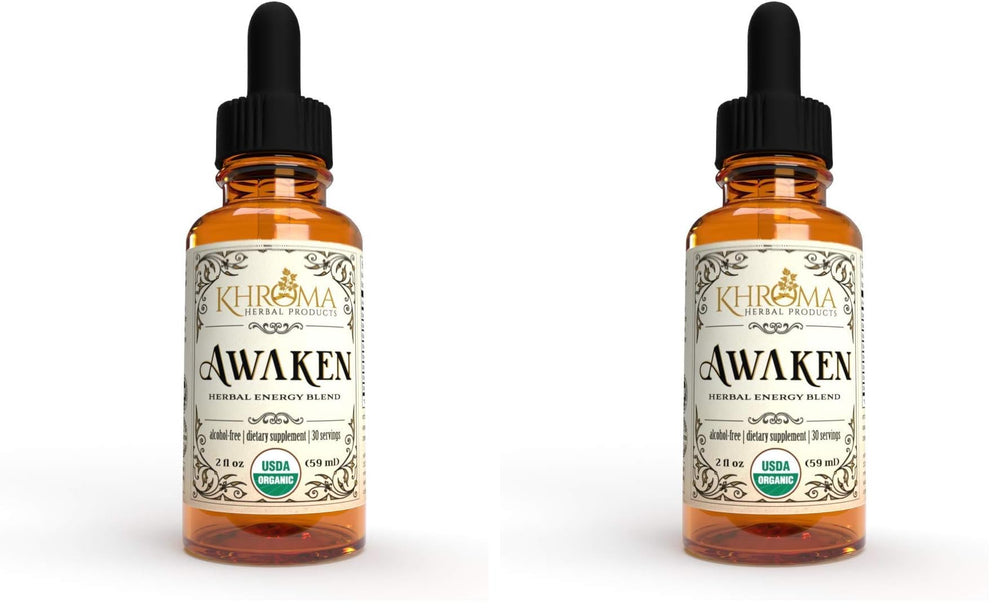 Front label view of Awaken 2 oz glass bottle by Khroma Herbs