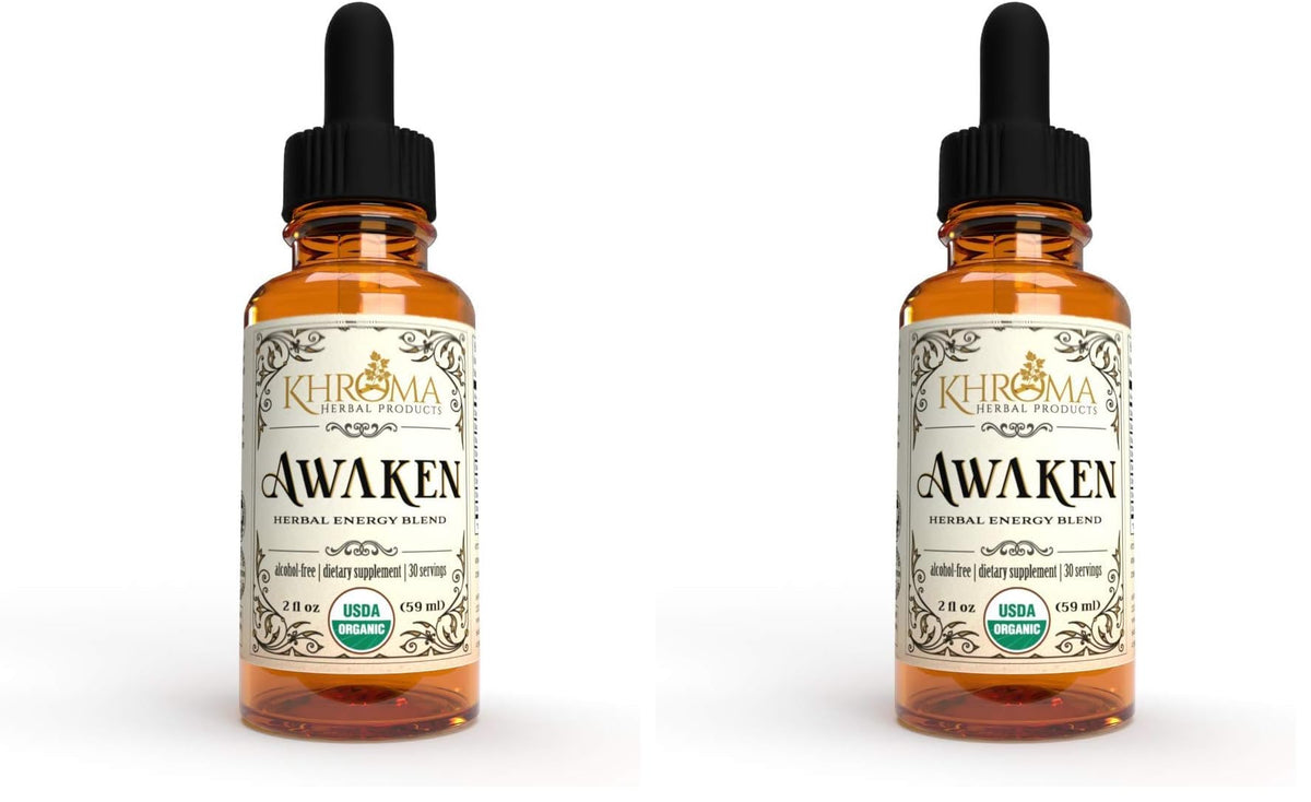 Front label view of Awaken 2 oz glass bottle by Khroma Herbs