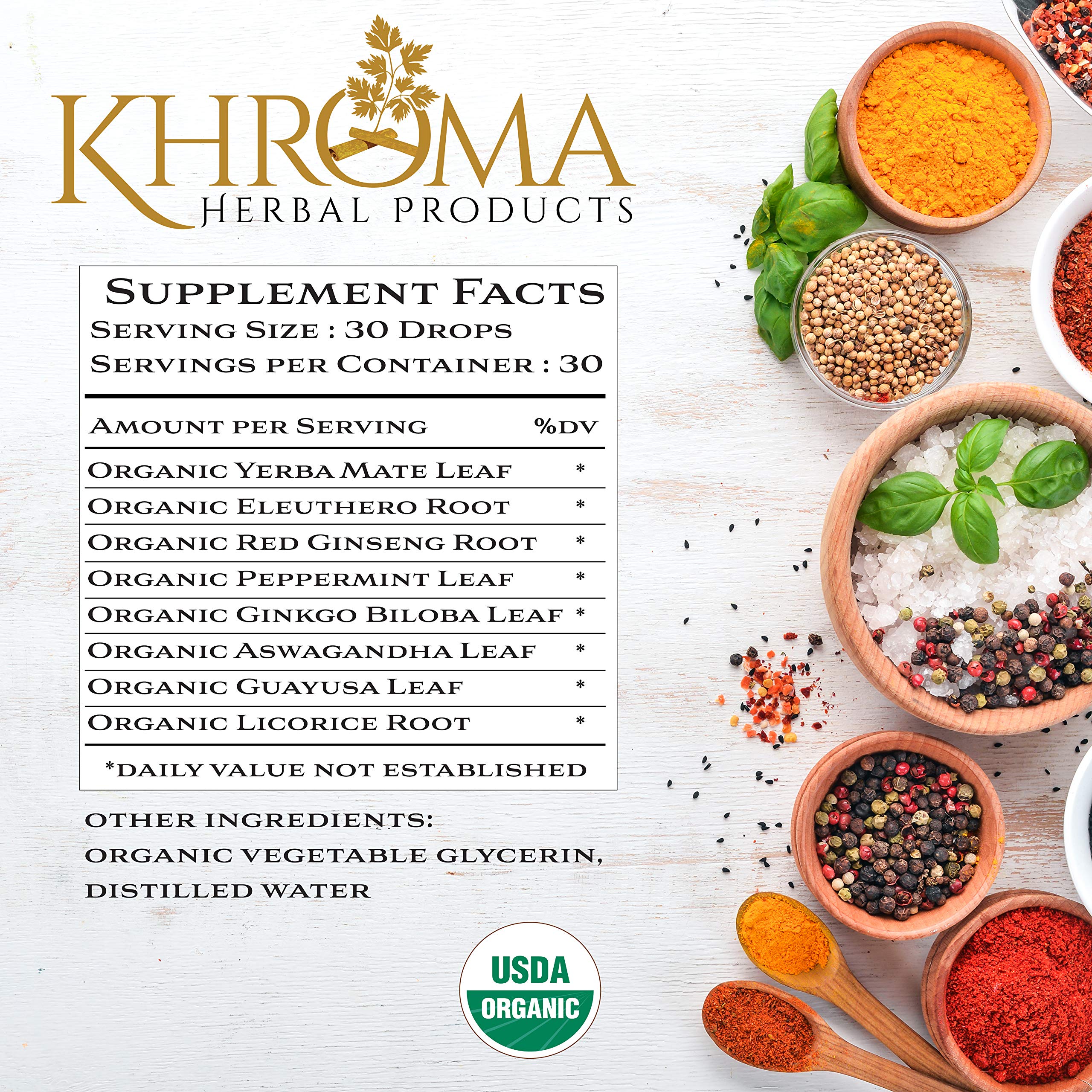 Close-up of ingredients on Awaken label: Yerba Mate, Eleuthro Root, Red Ginseng, Peppermint, Ginkgo Blob, Ashwaganhda, Guayusa