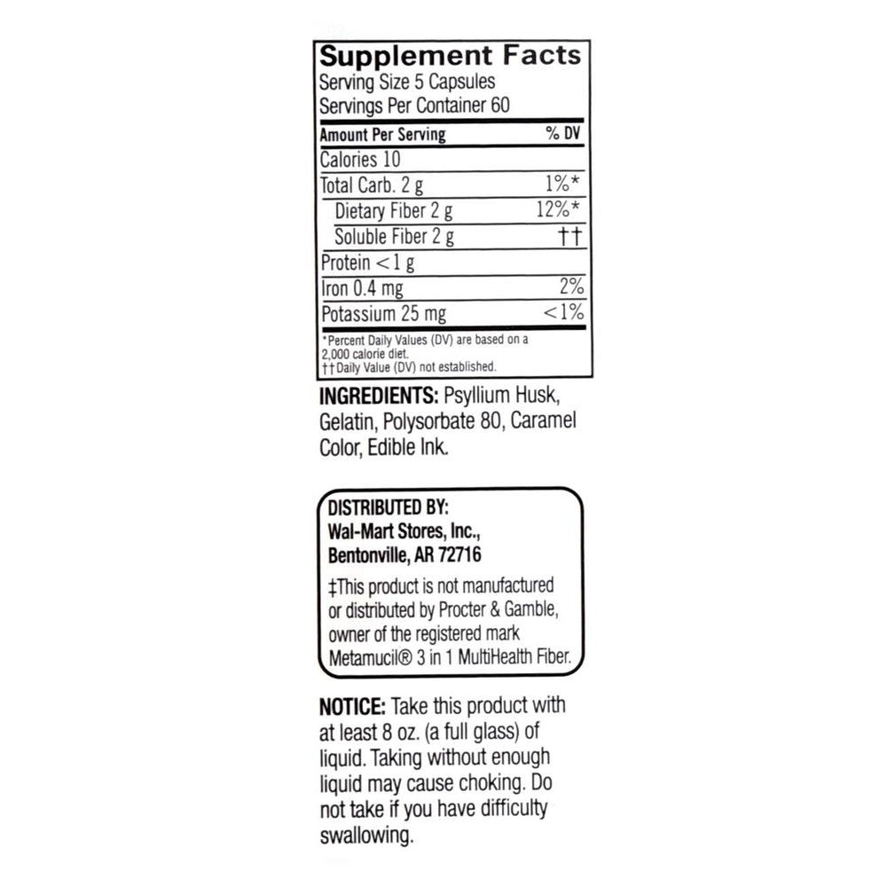 Close-up of psyllium fiber capsules inside the bottle