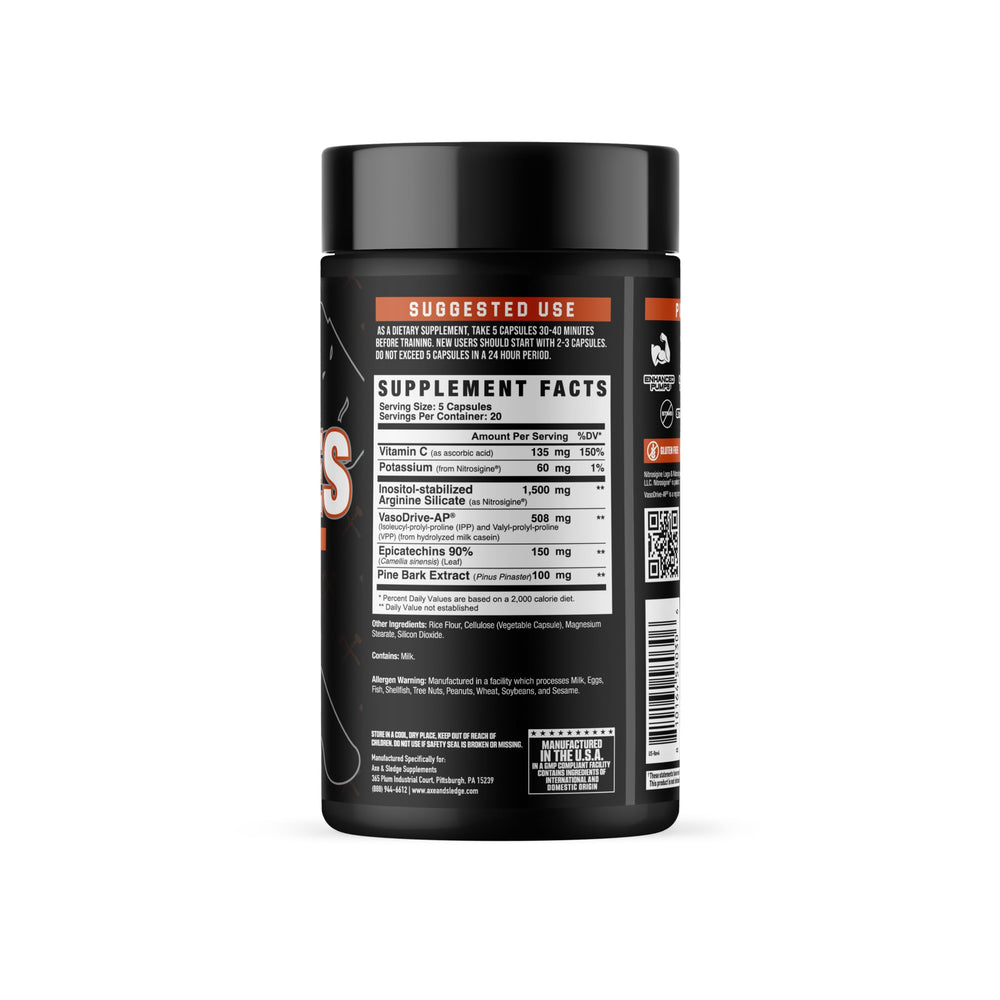 Axe & Sledge PUMPIES ingredient-label close-up emphasizing Nitrosigine and VasoDrive-AP.