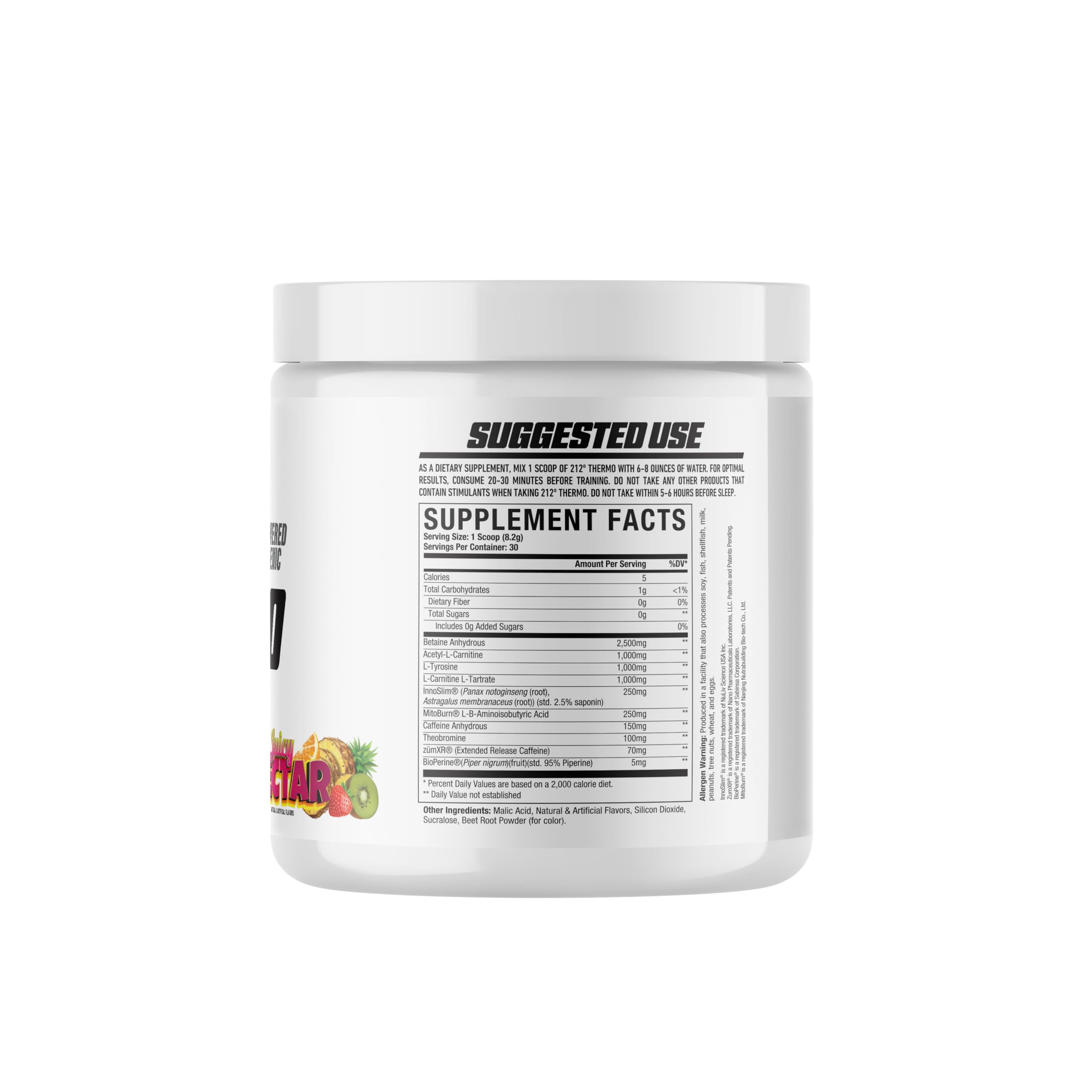 Close-up of scoop with Axe & Sledge 212º Thermo Juicy Nectar label