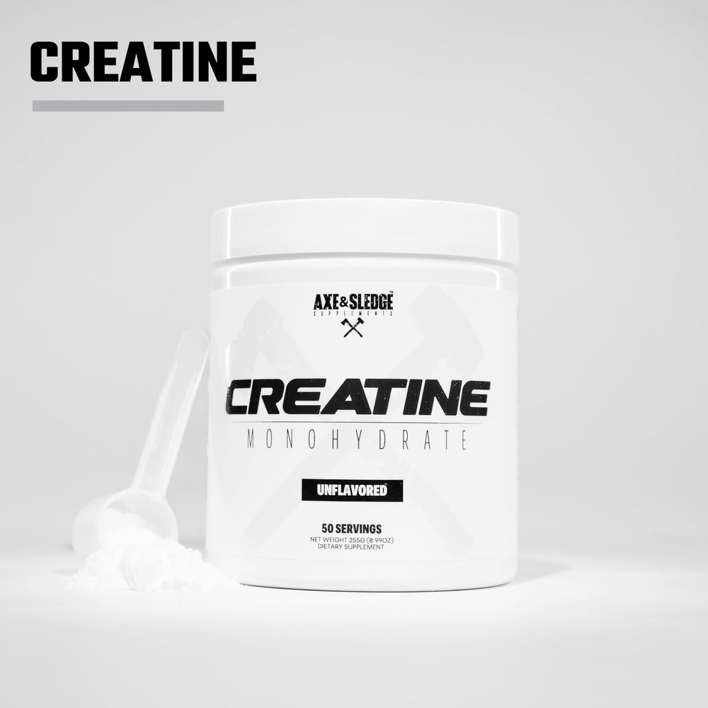 Packaging and bottle of Axe & Sledge Creatine Monohydrate