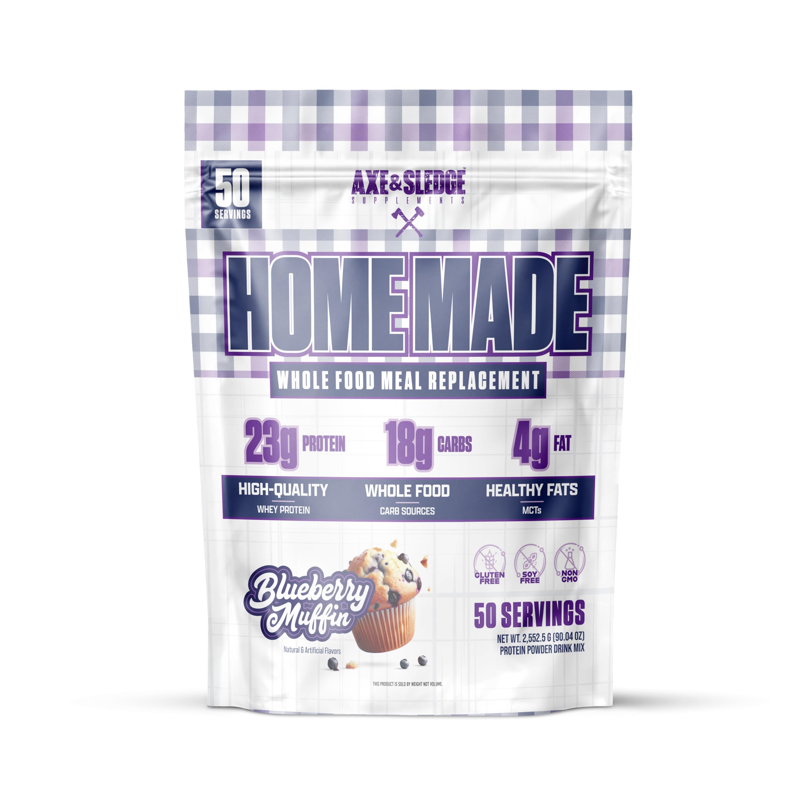 Axe & Sledge Home Made Meal Replacement Powder canister in Blueberry Muffin flavor