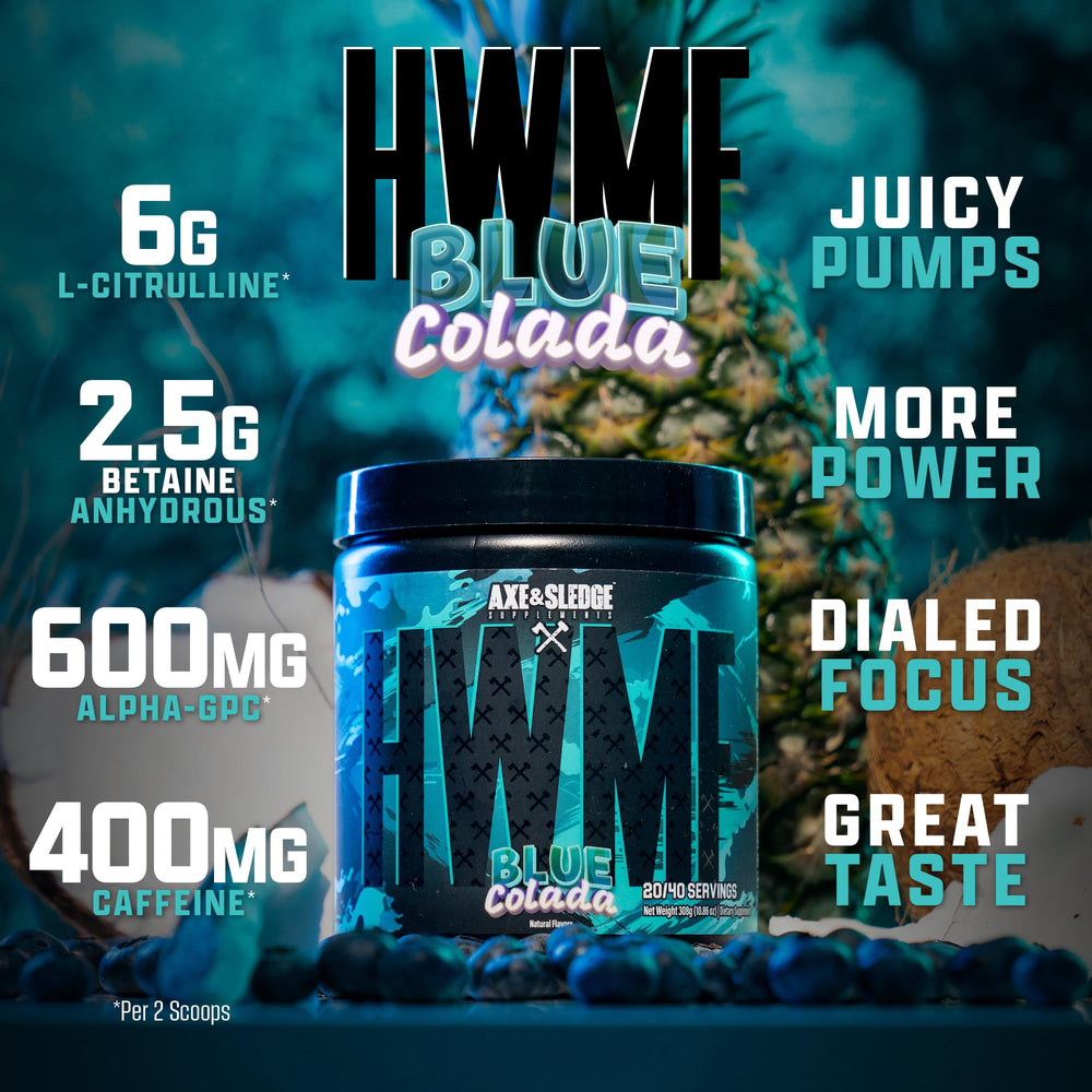 Axe & Sledge HWMF shaker with blue Colada mix ready to drink.