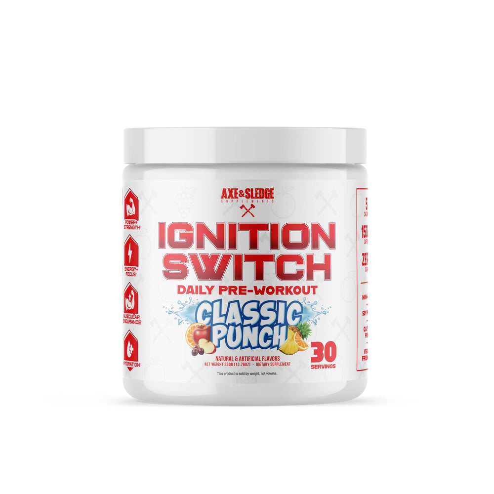Axe & Sledge Ignition Switch canister ready for workouts, boosts focus and sustained energy.